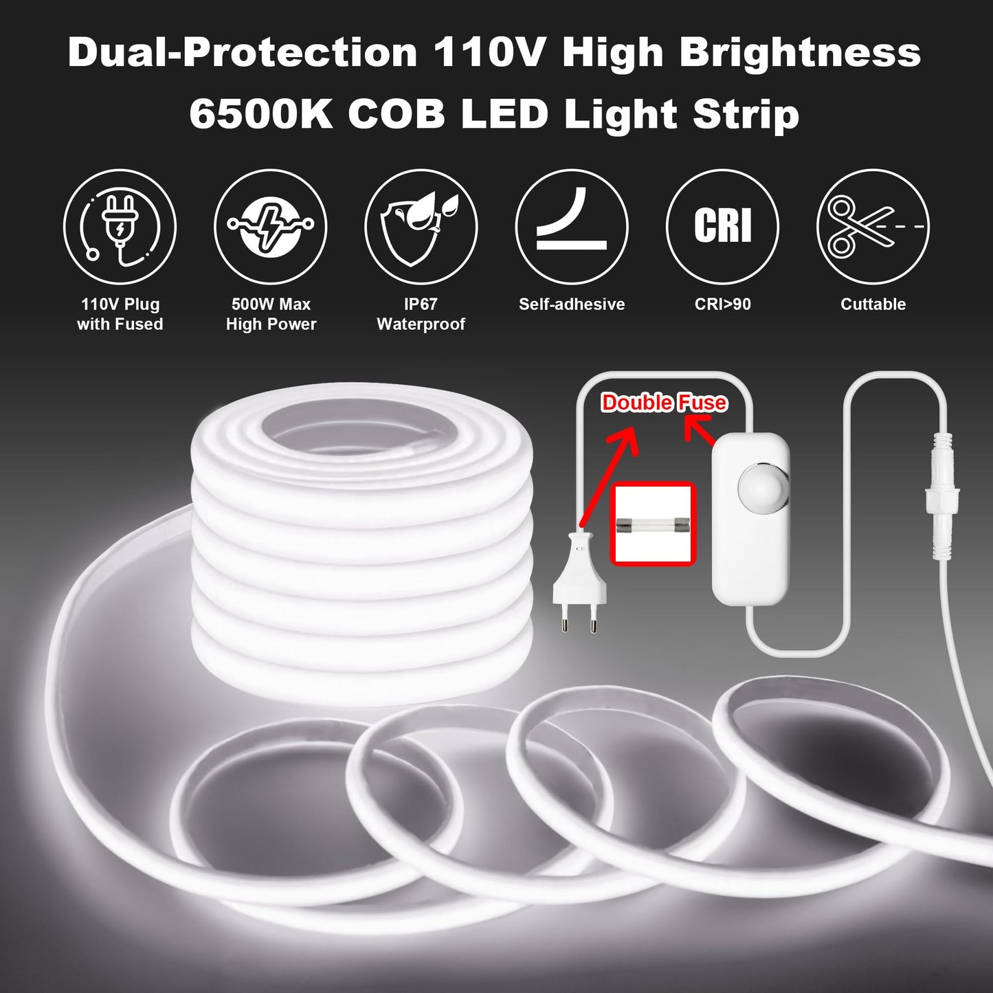 Gliztech IP67 Waterproof COB LED Strip Lights AC 110V-120V Direct Plug, 66FT Super Bright Outdoor Strip Lights with Double Fuse Controller, LED Strips