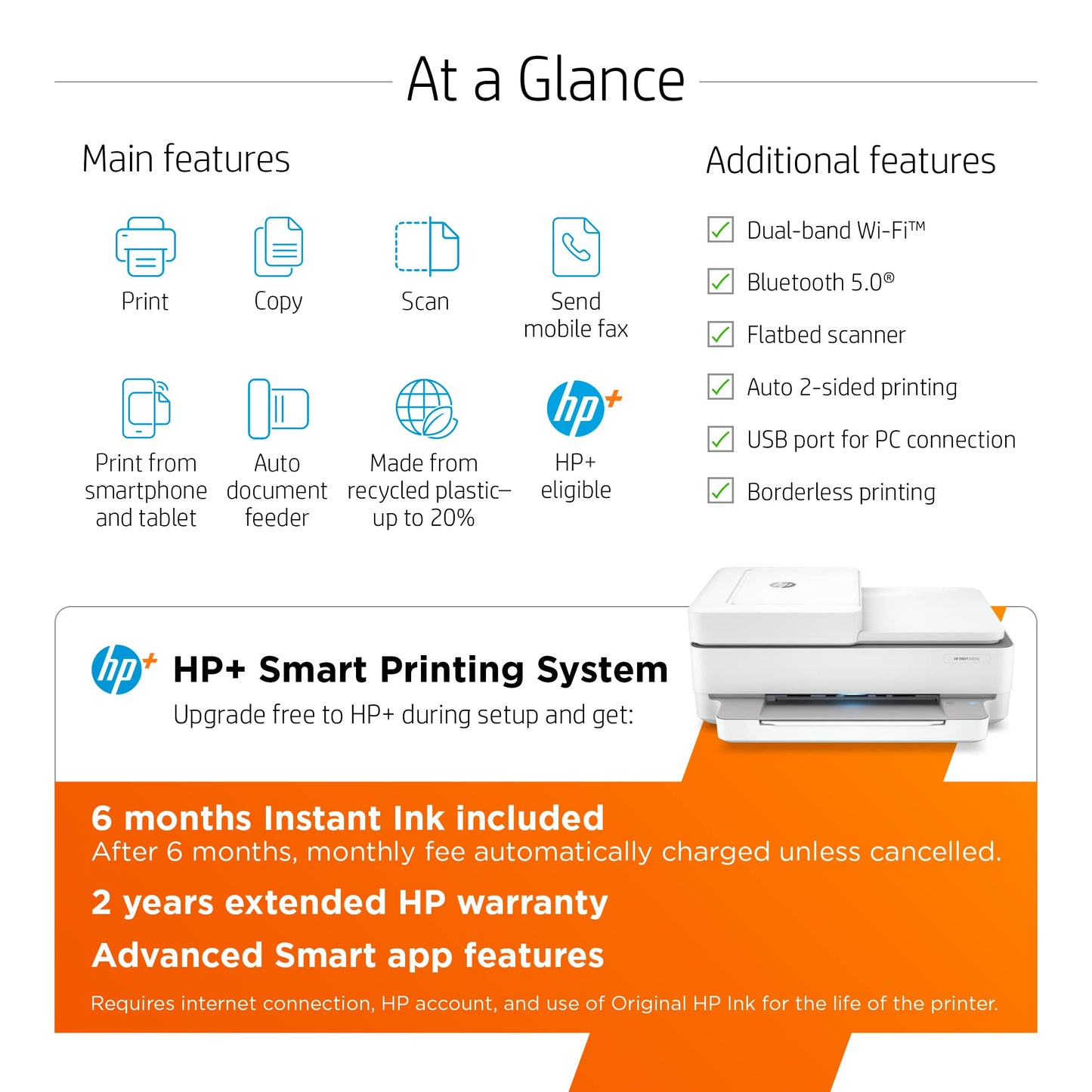 HP ENVY 6455e Wireless Color Inkjet Printer, Print, scan, copy, Easy setup, Mobile printing, Best-for-home, 3 month Instant Ink trial included, white