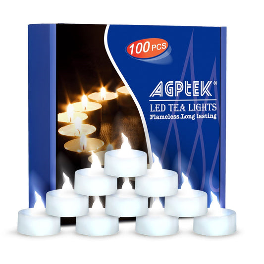 AGPTEK Tea Lights with Flicker,100 Pack Flickering Flameless LED Candles Battery Operated Tealight Candles Long Lasting Tealight for Wedding Holiday
