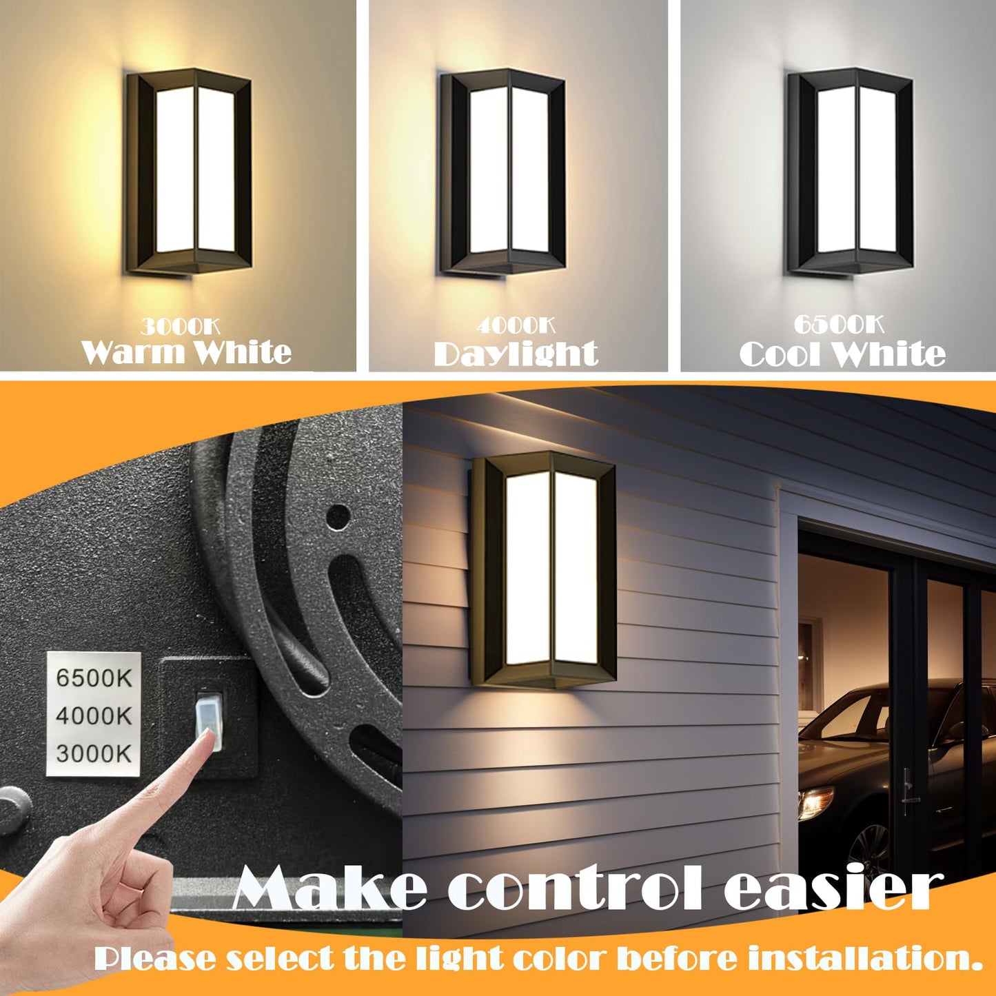 iYogaled Porch Lights Outdoor Light Fixture, 12W Black Exterior Light Fixtures Wall Mount, 3-Color-Temp Adjustable Wall Sconce, IP65 Waterproof