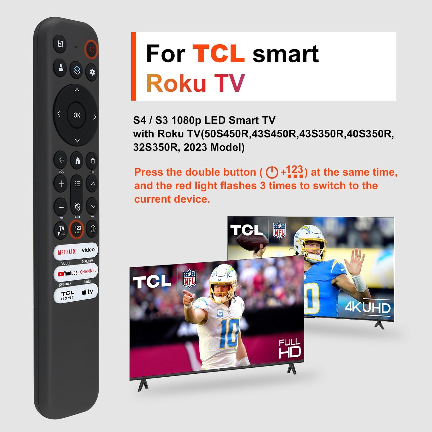 Replacement for TCL TV Remote Control, for TCL-Google/Roku-TV, Compatible with FHD HDR LED QLED 4K UHD Smart TV(No Voice)