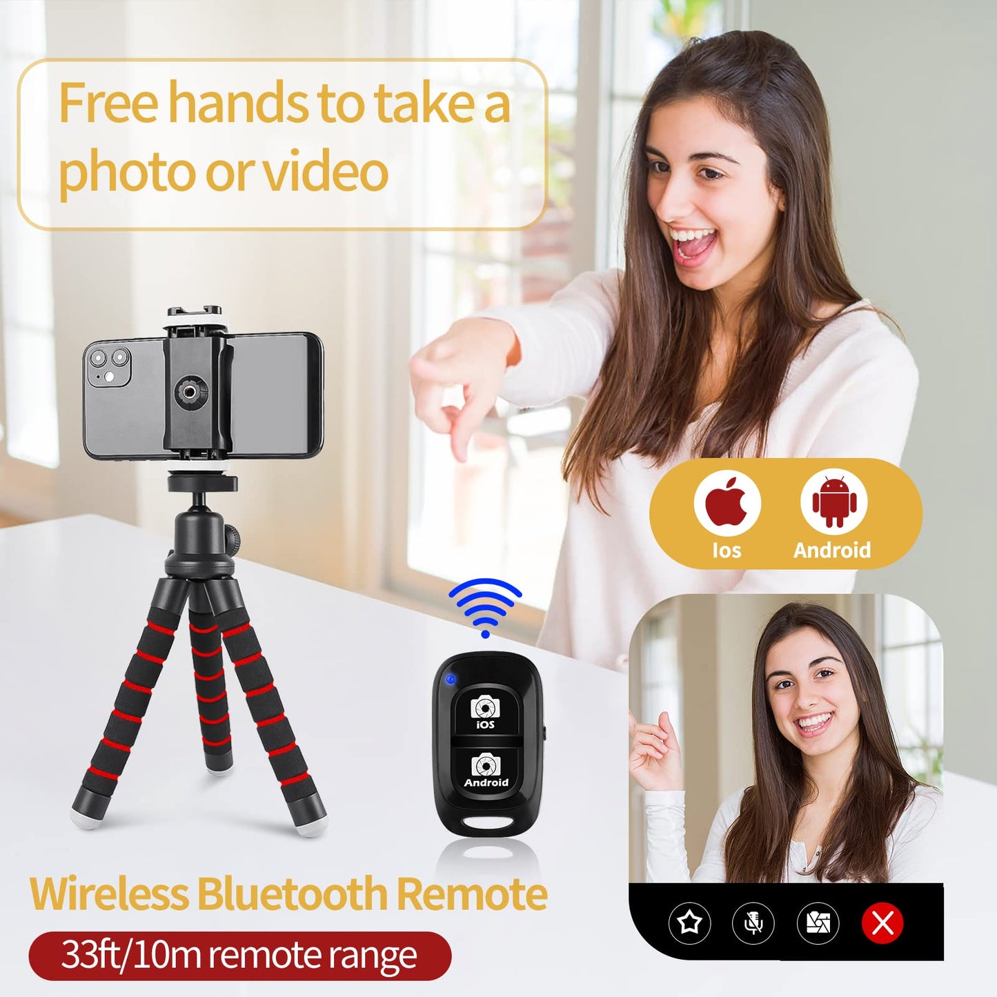Sensyne Phone Tripod, Flexible Cell Phone Tripod with Phone Holder and Wireless Remote, Mini Travel Tripod Stand, Compatible with All Cell Phones