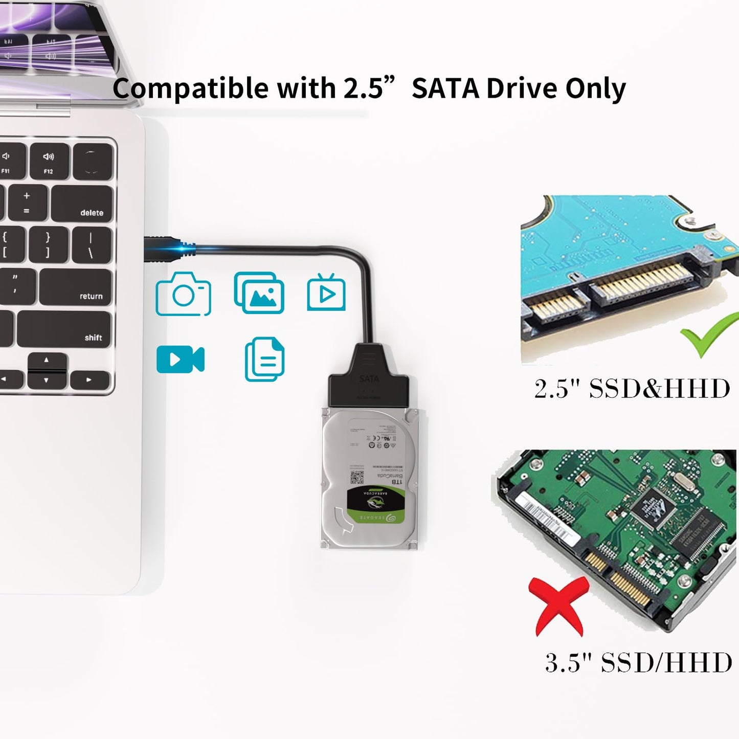Cinolink SATA to USB Cable -USB 3.0 to 2.5” SATA III Hard Drive Adapter - External Converter for SSD/HDD Data Transfer