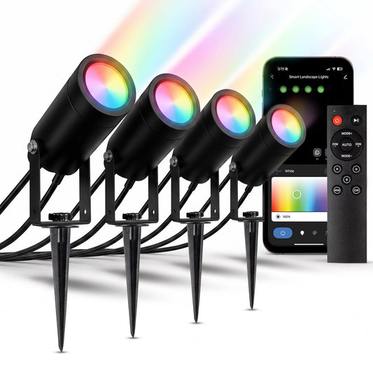 Novelty Lights Smart RGB+WW Landscape Spot Lights - 4 Pack Color Changing Outdoor Lights with Remote & App Control, 16 Million Colors, 2200K-6500K