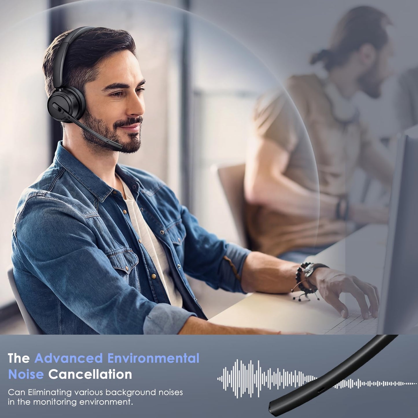 Mopchnic Wireless Headset with Noise Cancelling Microphone, On-Ear Bluetooth Headset with USB Dongle, Mute Function & Charging Base, Wireless