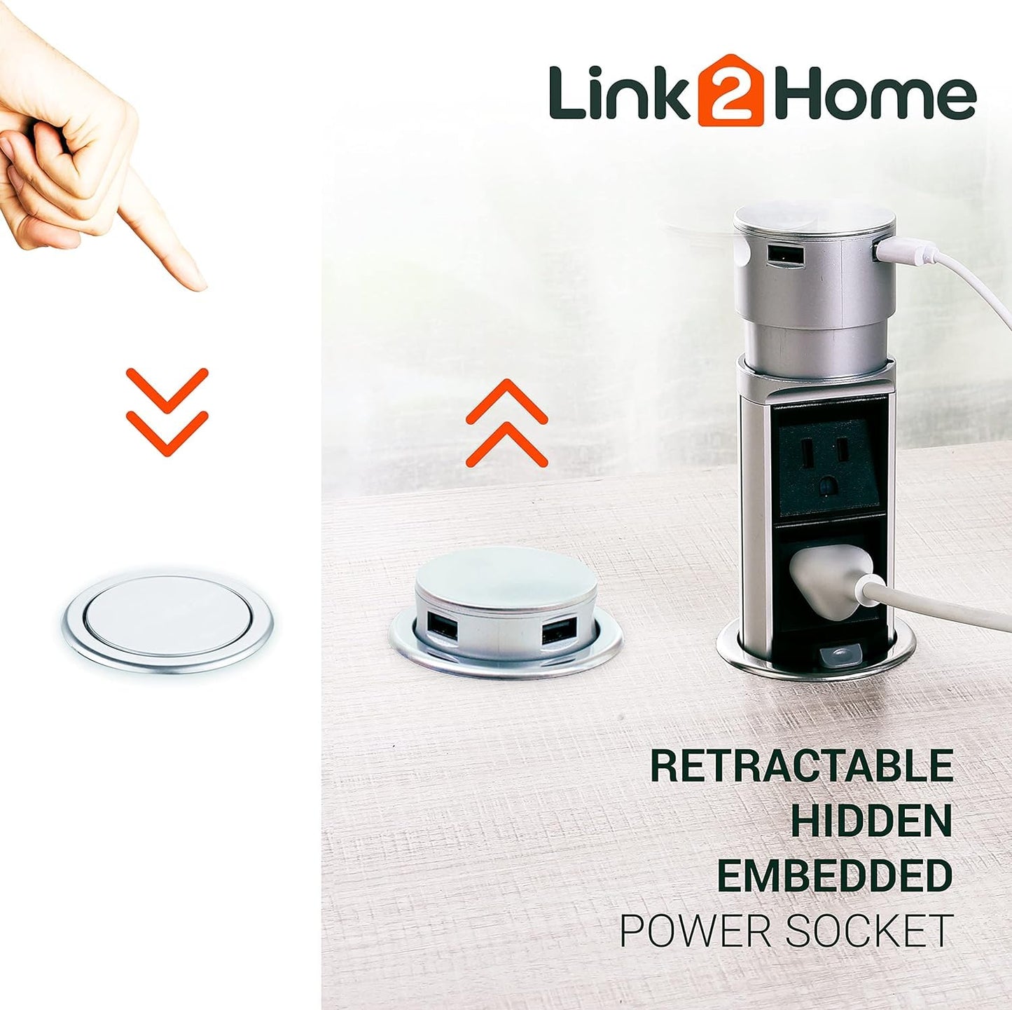 Link2Home 2 Pack Space Saver Pop Up Outlet Station with USB, 2 Power Outlets 15A, 2 USB Ports 2.4A Fast Charge Splash Resistant, Stainless-Steel