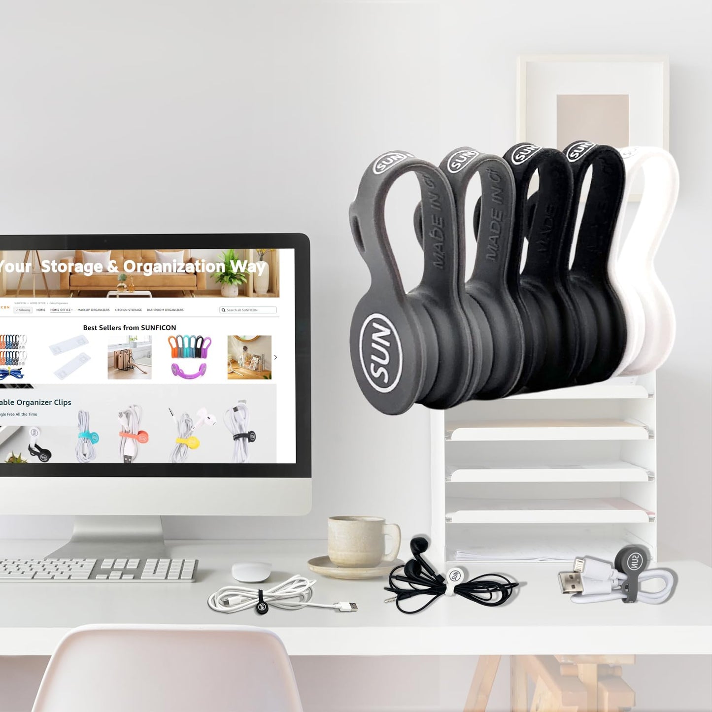 SUNFICON Cable Organizers Magnetic Cable Clips Earbuds Cords Winder Bookmark Clips Whiteboard Noticeboard Fridge Magnets USB Cable Manager Ties Straps