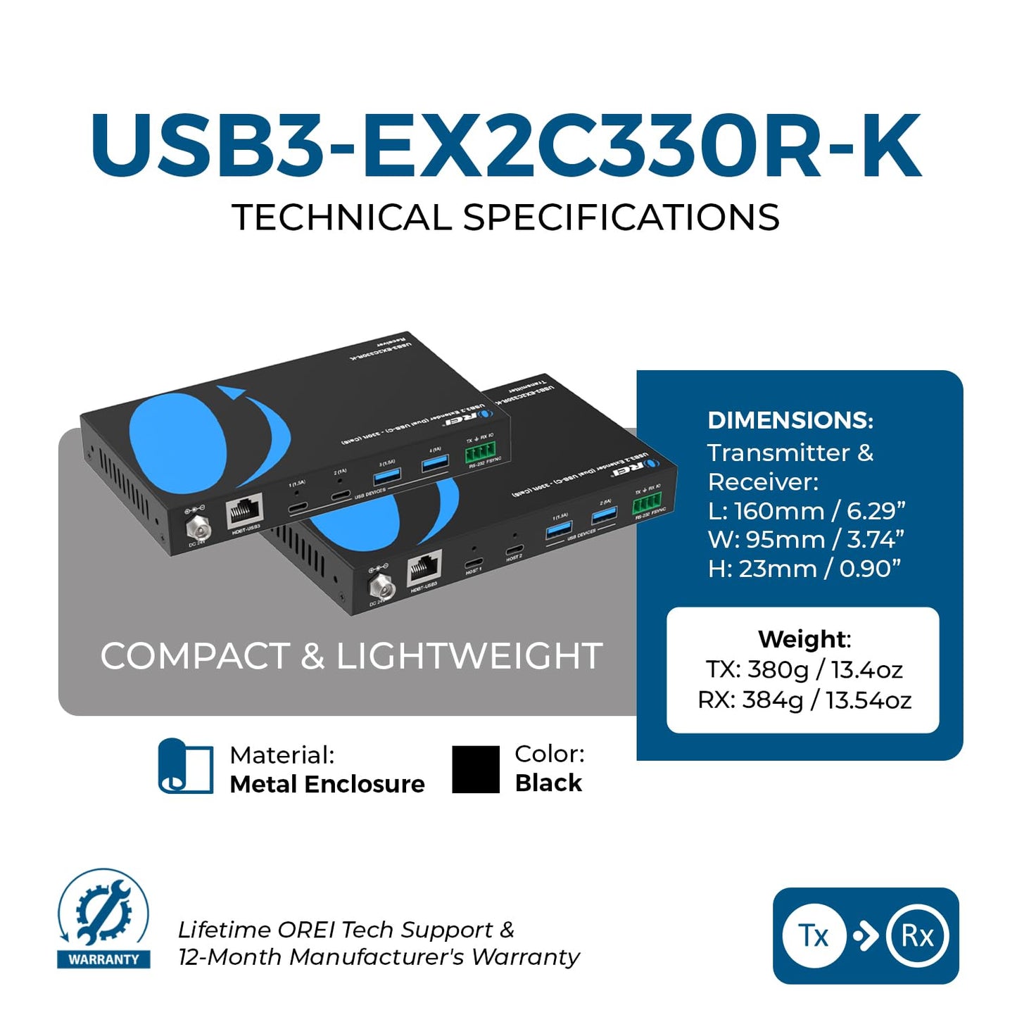 OREI USB 3.2 Over Cat6 330ft Two-Way PoC RS-232 2X USB-C/ 2X USB-A Over LAN