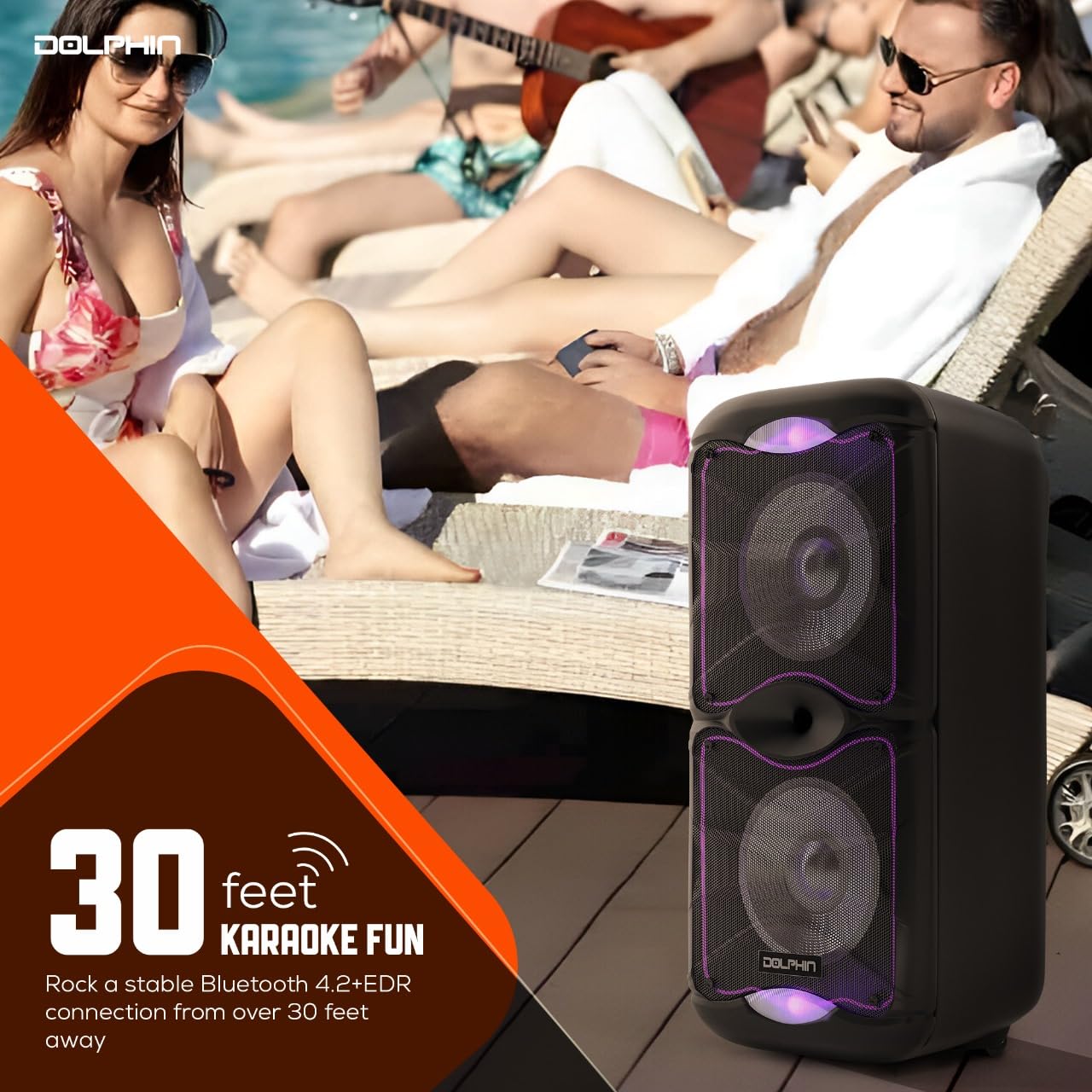 Dolphin BoxParty 212 Dual 12" Portable Bluetooth Party Speaker - Loud Sound with Deep Bass, LED Lights, PA System, 5-Band Equalizer, and Expandable