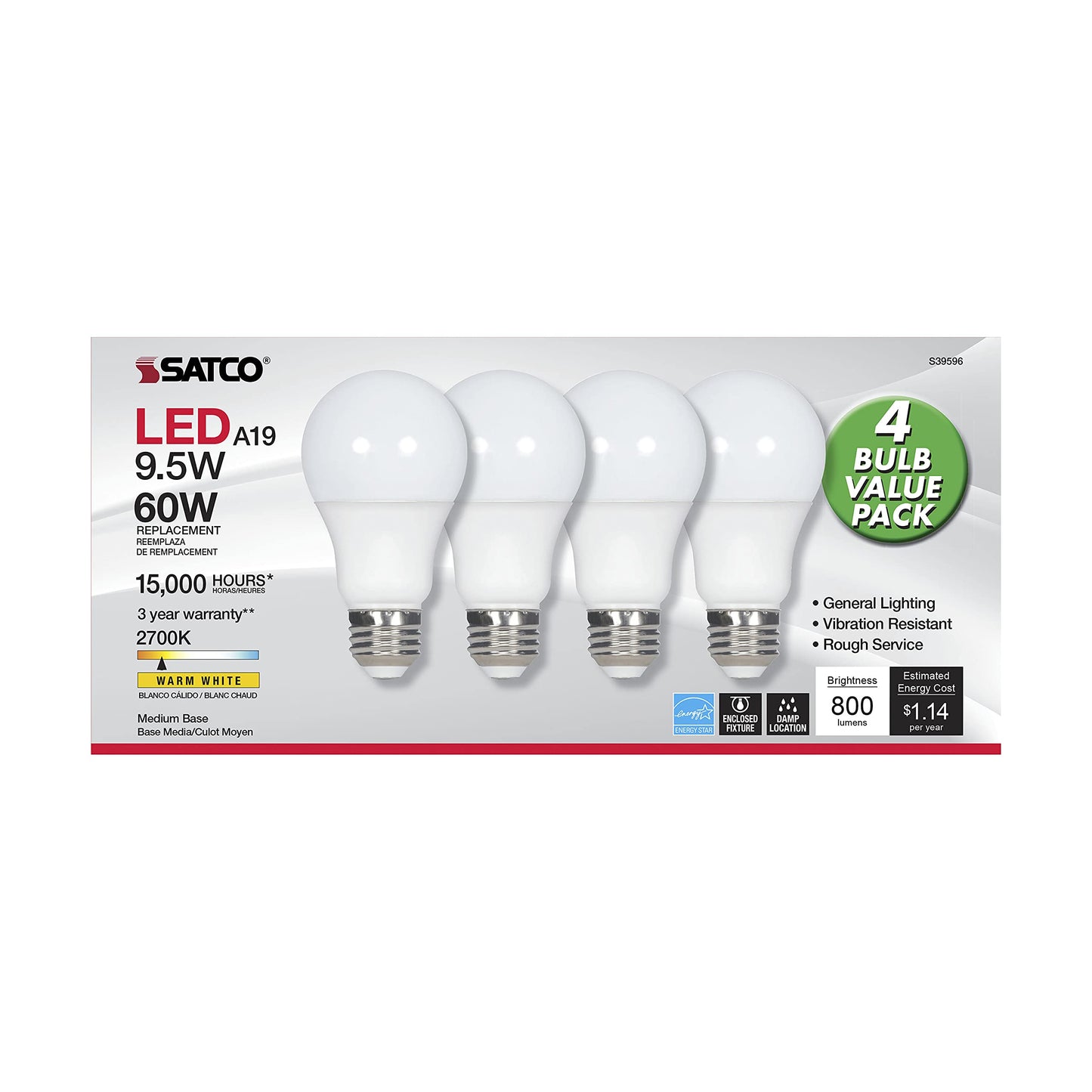 Satco 60W Equivalent Warm White A19 Medium LED Light Bulb (4-Pack) - 1 Each