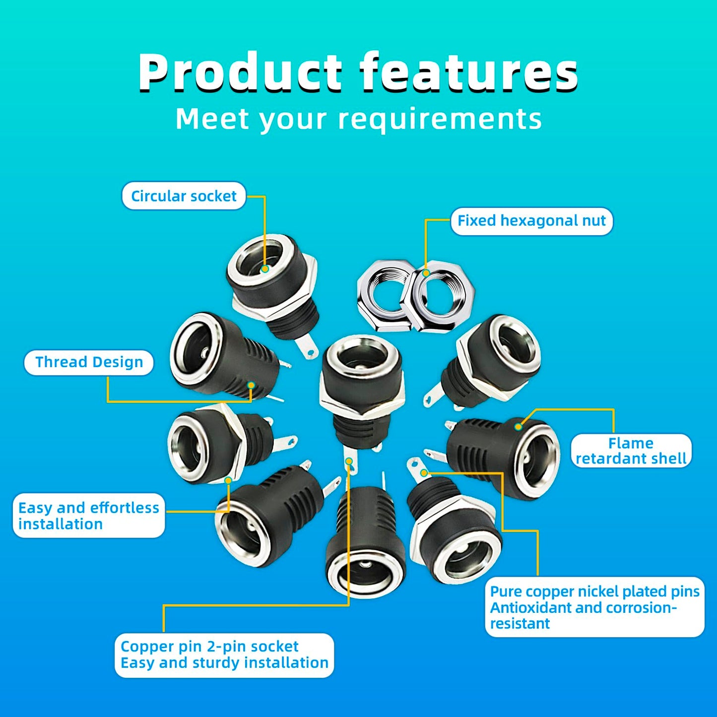 CenryKay 25PCS 5.5mmx2.1mm 2 Pins DC Power Jack Female Panel Mount Connector with Hex Washer