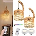 NOVCAND Boho Battery Operated Wall Sconce Set of Two, Rattan Cordless Wall Lamp with Remote,Wireless Sconces Set of 2 for Bedroom,Living Room,Entryway