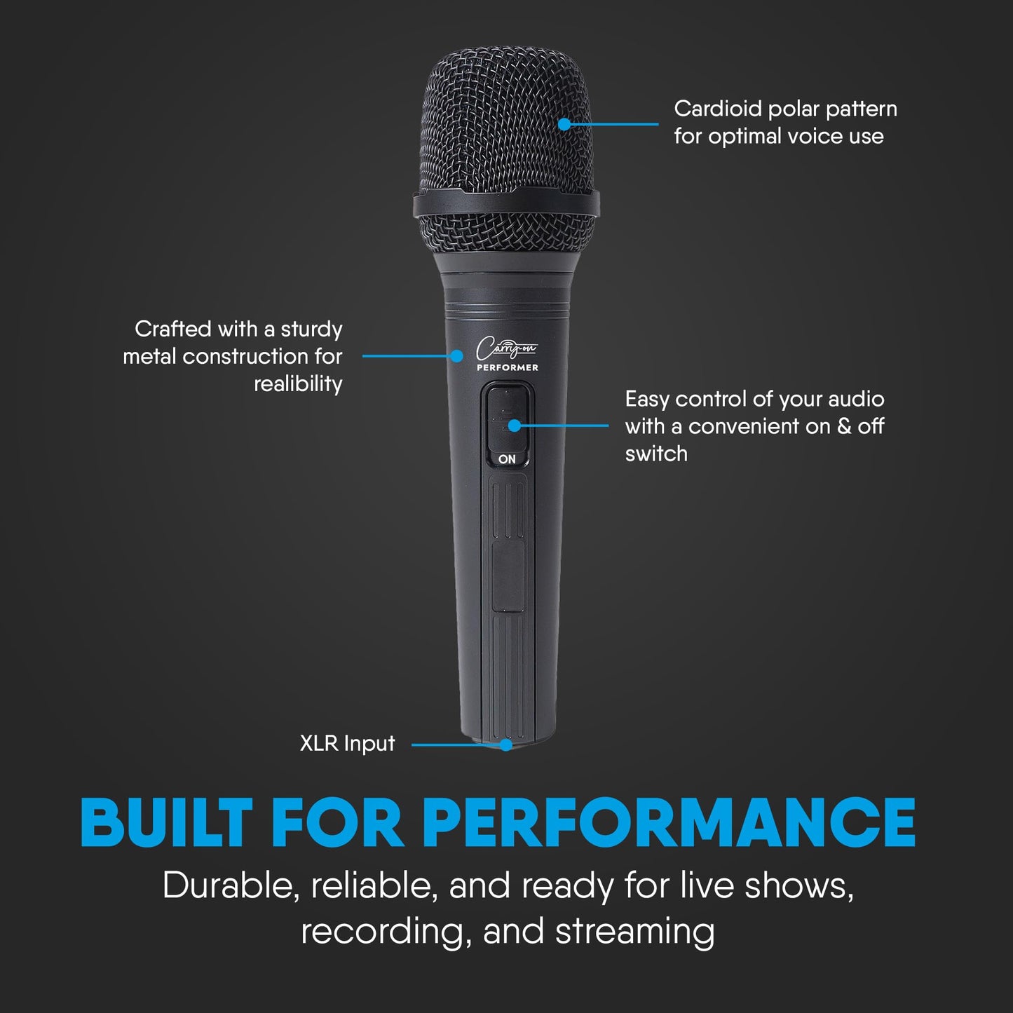 Carry-on Performer Dynamic Microphone with XRL-Jack Cable Used for Live Performance - Professional Microphone for Singing with Cardioid Focus and