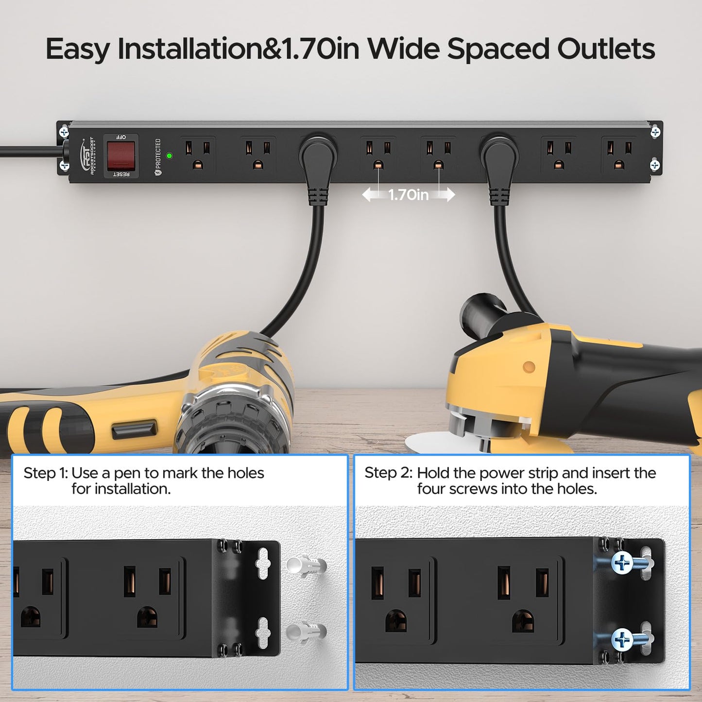 CRST 8 Outlet Metal Heavy Duty Power Strip, 2100J Surge Protector with 6FT Cord, 15A/1875W Wide Spaced Mountable Industrial Power Strip