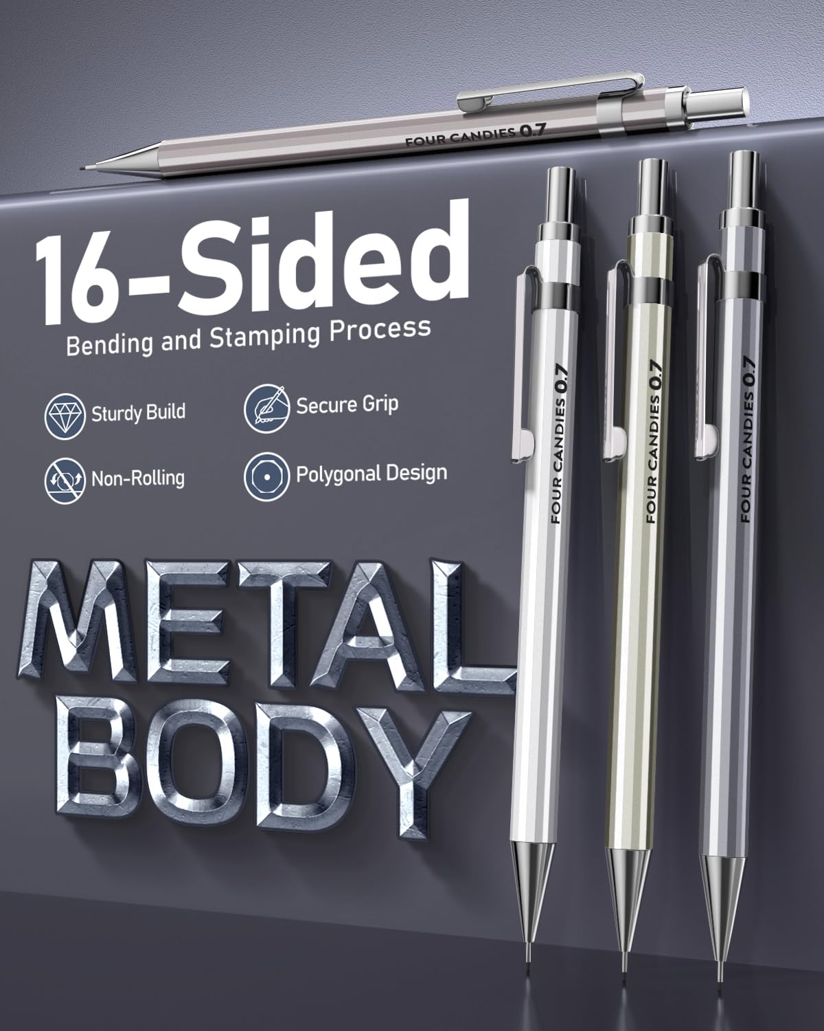 4PCS Metal Mechanical Pencil Set, 0.7mm Medium Point Pack with Storage Case