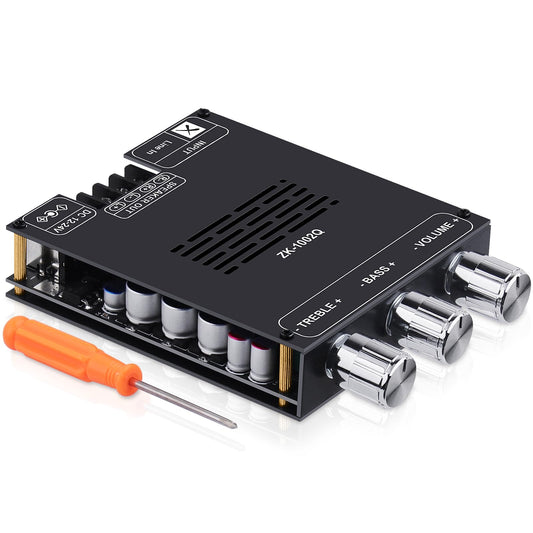 ZK-1002Q Amplifier Board, 2.0 Channel TPA3116D2 Audio Amplifier Module 100W+100W, Bluetooth/AUX Input, Bass Treble Control, DC 12-24V DIY Speaker Amp