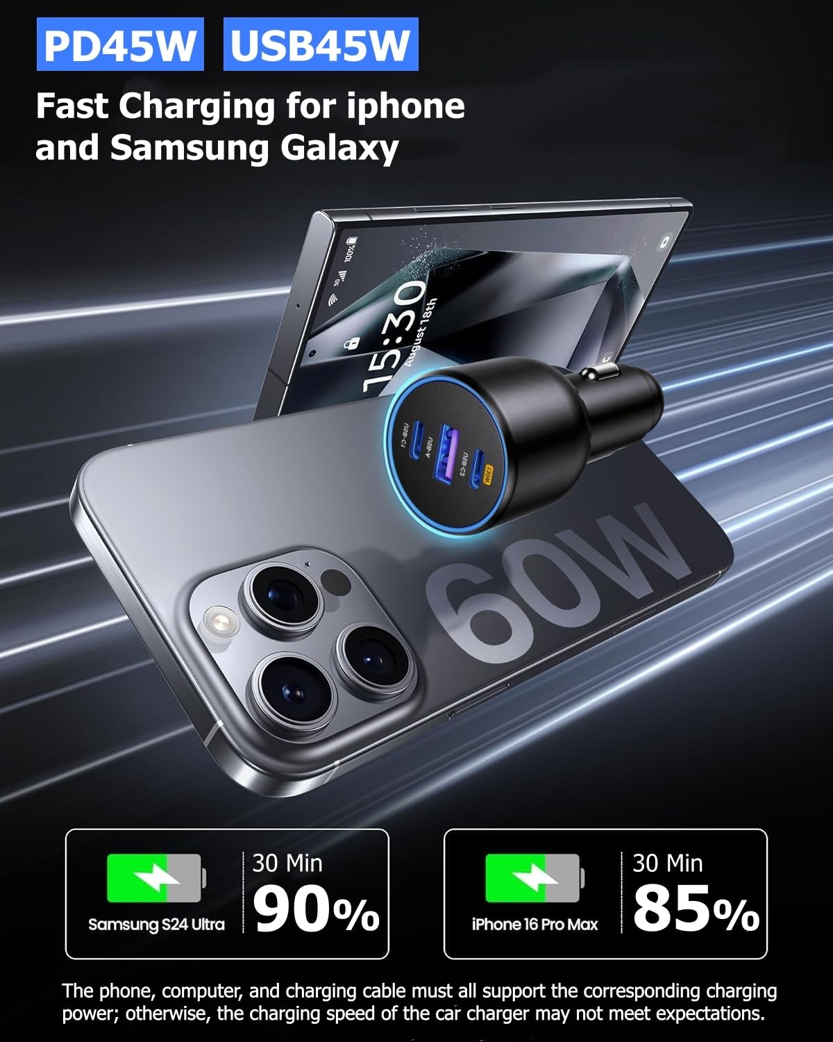 220W Car Charger Super Fast Charging Cigarette Lighter USB Phone Accessories Charger Adapter with QC USB c Type c PD Universal Quick Charge Multi 3