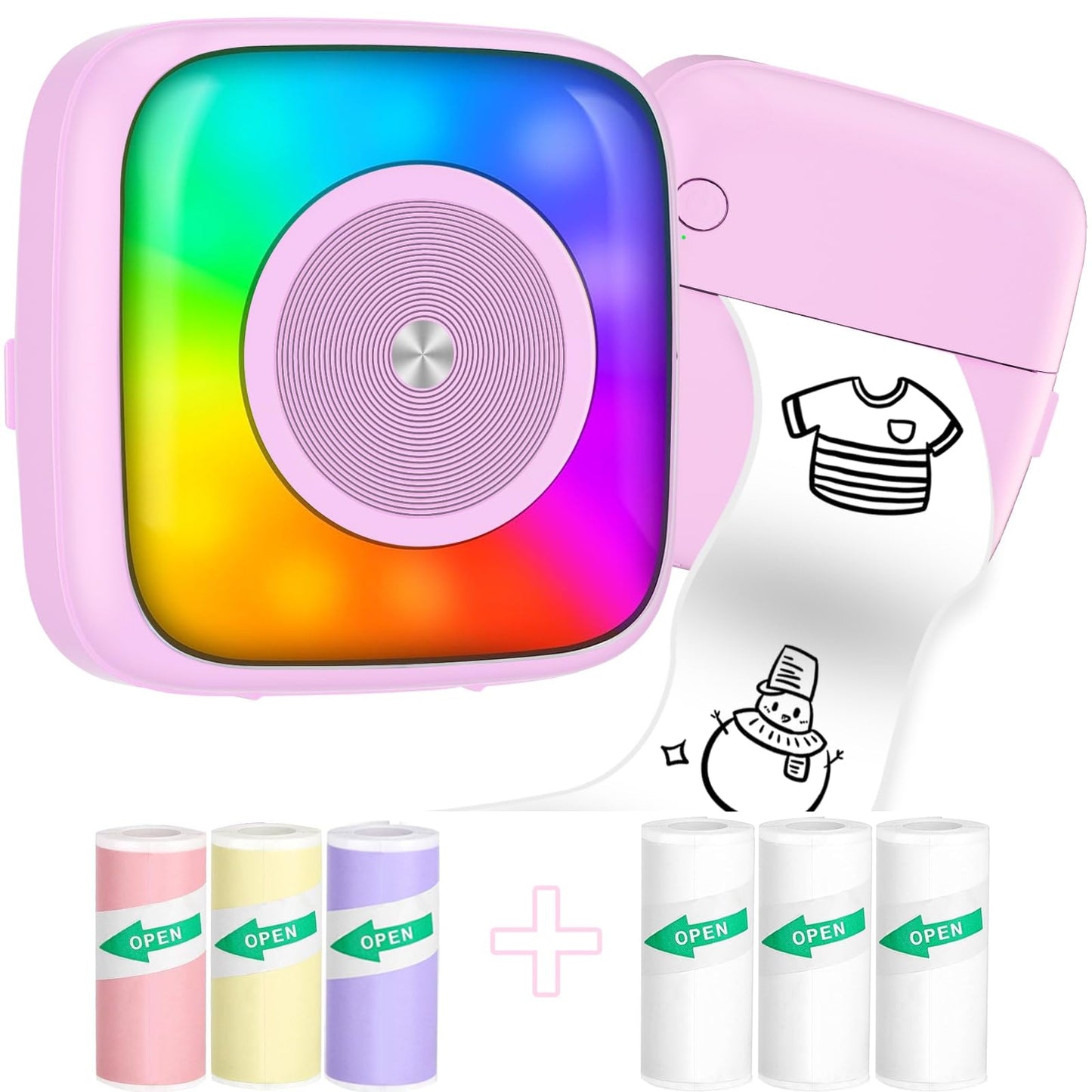Lebt Mini Printer Sticker Printer Print Pod with 6 Rolls Sticker Paper, Seven Color Lighting Modes for DIY Scrapbook, Travel, Notes, Label, Memo