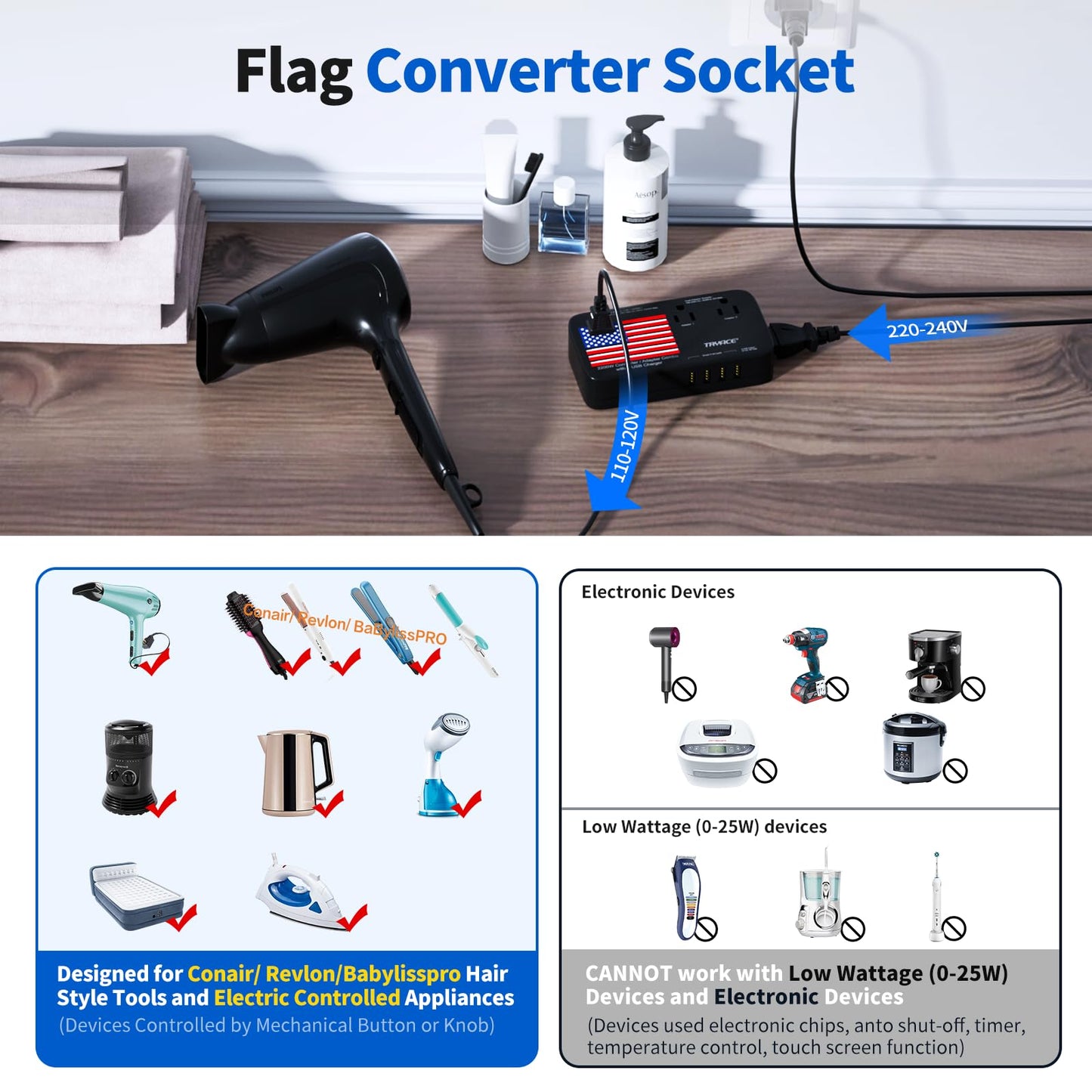 TryAce 2200W Exclusive Voltage Converter, 10A Travel Adapter with 4-Port USB,Power Converter Step Down 220V to 110V for Hair…