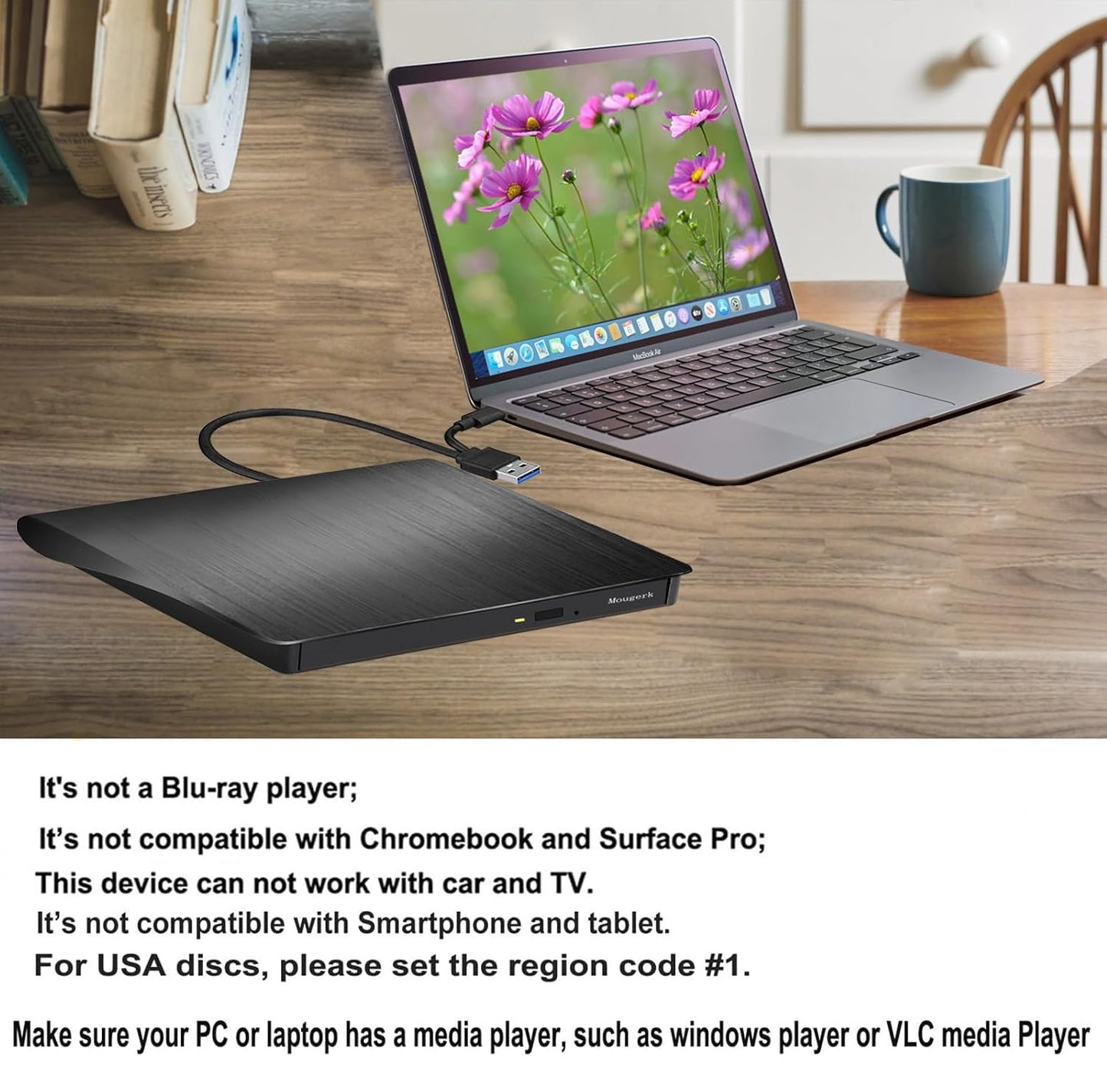 Mougerk External DVD CD Drive, USB 3.0 Type-C Ultra Slim Drives CD DVD RW Player/DVD CD ROM Drive/Writer/Rewriter/USB CD Burner Compatible with Mac