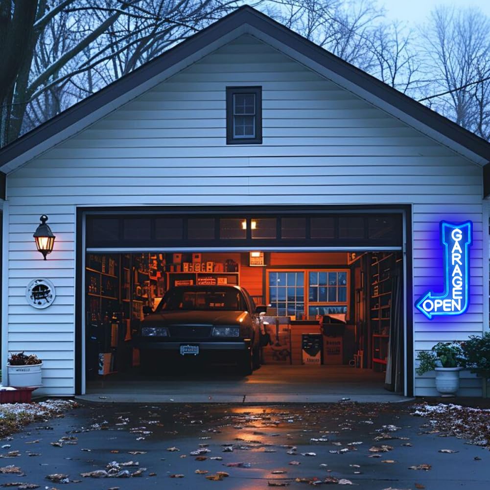 Garage Open Arrow Neon Sign,Car Signs neon Light for Man Cave Auto Repair Shop Workshop Birthday Father Gift Decor (blue+left)