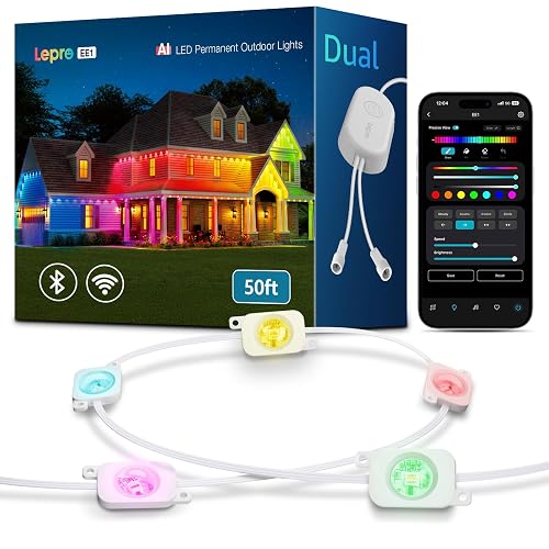 Lepro EE1 AI Permanent Outdoor Lights with Dual-Output, 50ft 30 LED RGB+IC Smart Outside Light for House Christmas Decor,Alexa Google Enabled 2.4 GHz