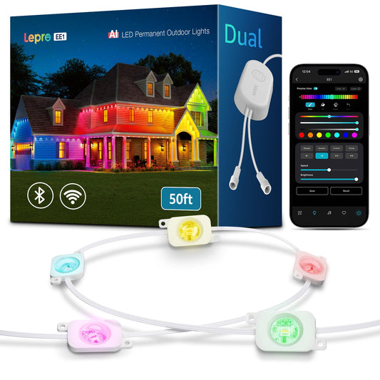 Lepro EE1 AI Permanent Outdoor Lights with Dual-Output, 50ft 30 LED RGB+IC Smart Outside Light for House Christmas Decor,Alexa Google Enabled 2.4 GHz