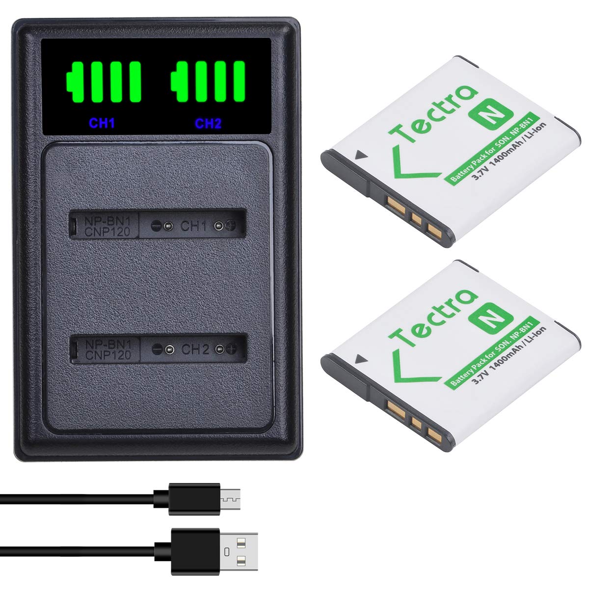 Tectra 2-Pack NP-BN1 Battery and LED Dual Charger for Sony Cyber-Shot DSC-W570 DSC-W530 DSC-W800 DSC-W830 DSC-W650 DSC-WX220 DSC-QX10 DSC-QX30