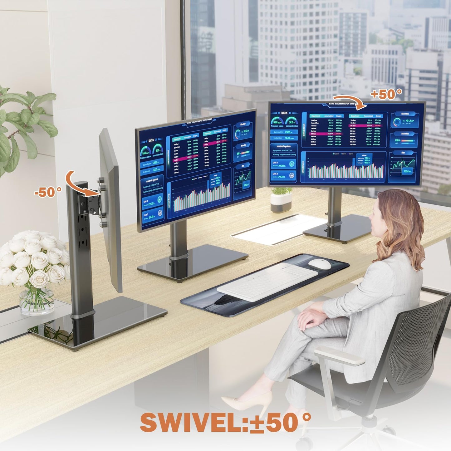 Single LCD Computer Monitor Free-Standing Desk Stand Mount Riser for 13 inch to 32 inch screen with Swivel, Height Adjustable, Rotation, Vesa Base