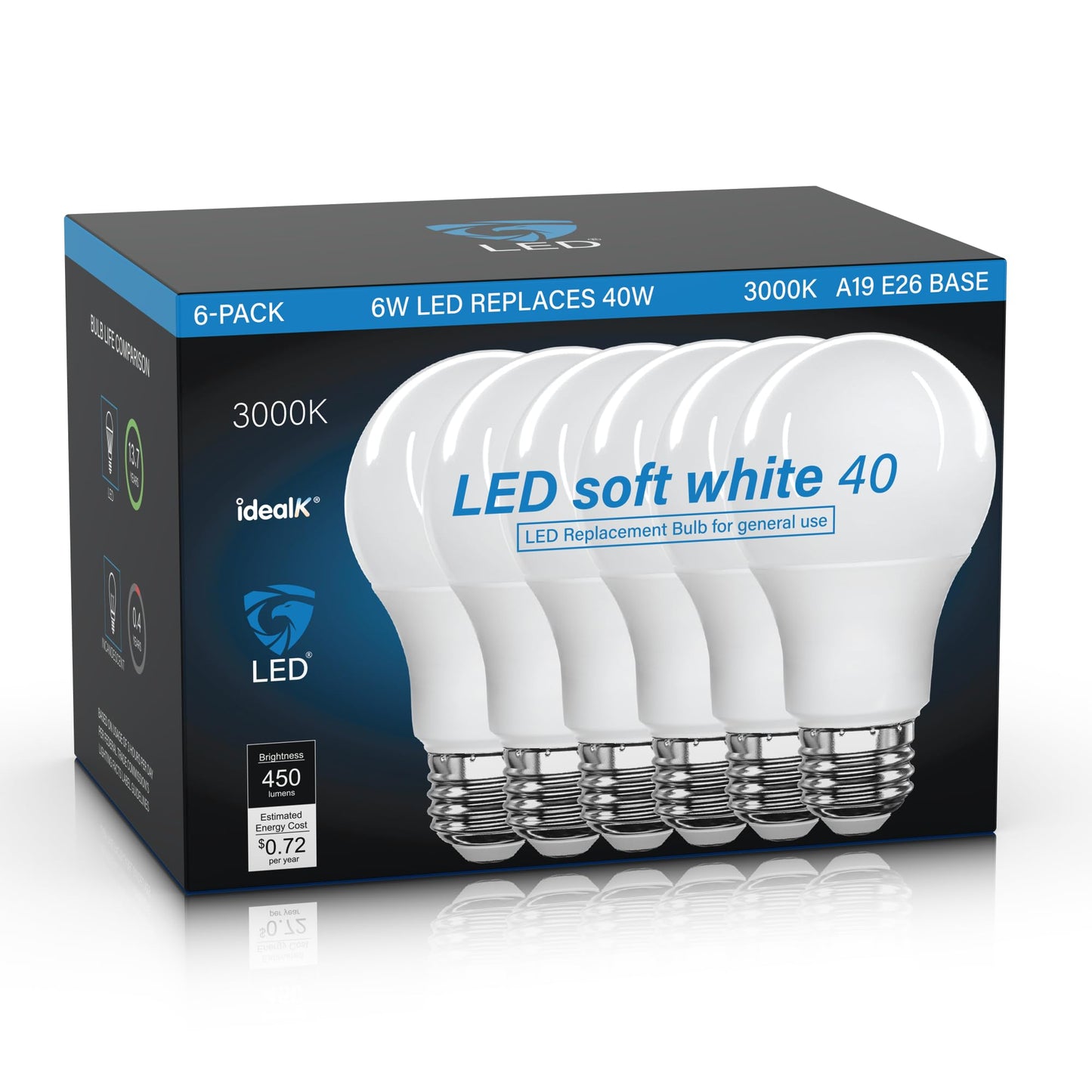 LED Light Bulbs 3000K Soft White, 40 Watt Equivalent 6W A19, 450LM E26 Standard Base, Non-Dimmable Soft White Bulbs for Kitchen Bathroom Home Office