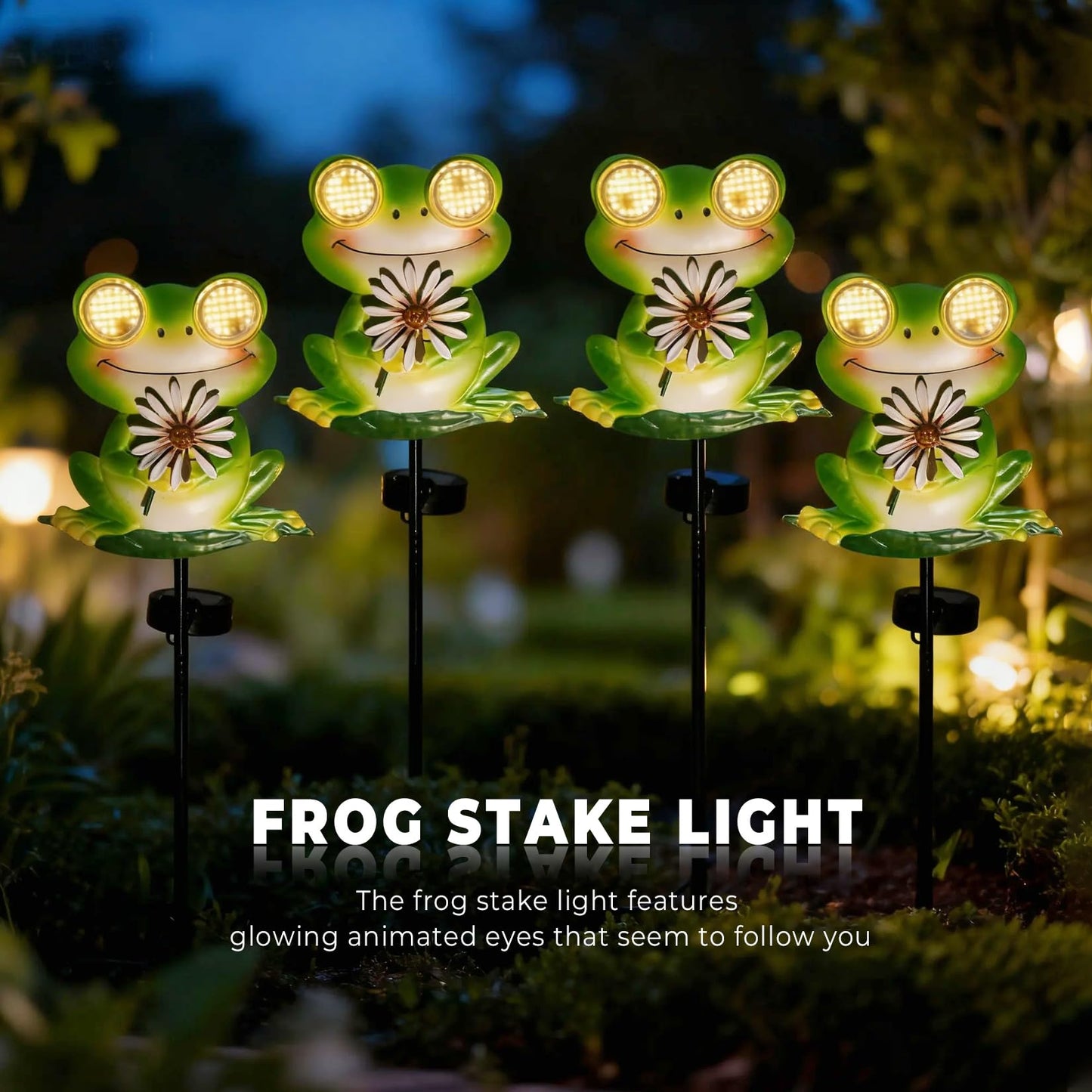 esgarden Solar Frog Garden Stake Light with Dynamic Moving LED Eyes, Outdoor Metal Figurine Sculpture Statue, Cute Animal Yard Art Decor, Warm White