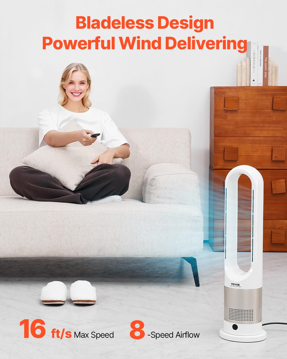VEVOR Tower Fan Bladeless, 16 ft/s Velocity Quiet Floor Fan with Cooling Effect & Heating Mode, 80° Remote Oscillating Fan, 8-Speed 9H Timer Standing