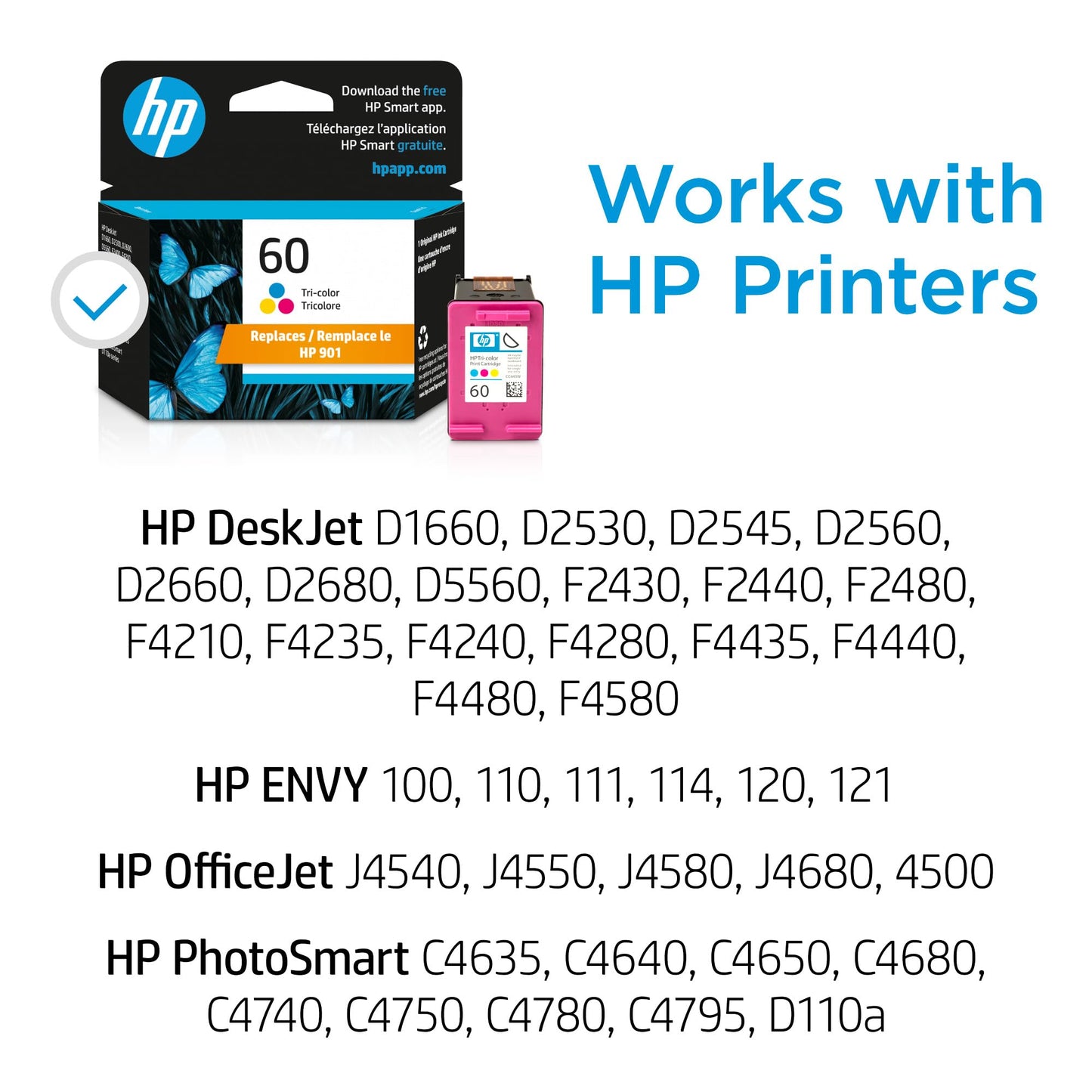 HP 60 Tri-Color Ink Cartridge | Works with DeskJet D1660, D2500, D2600, D5560, F2400, F4200, F4400, F4580, Envy 100, OfficeJet J4500, J4680, 4500