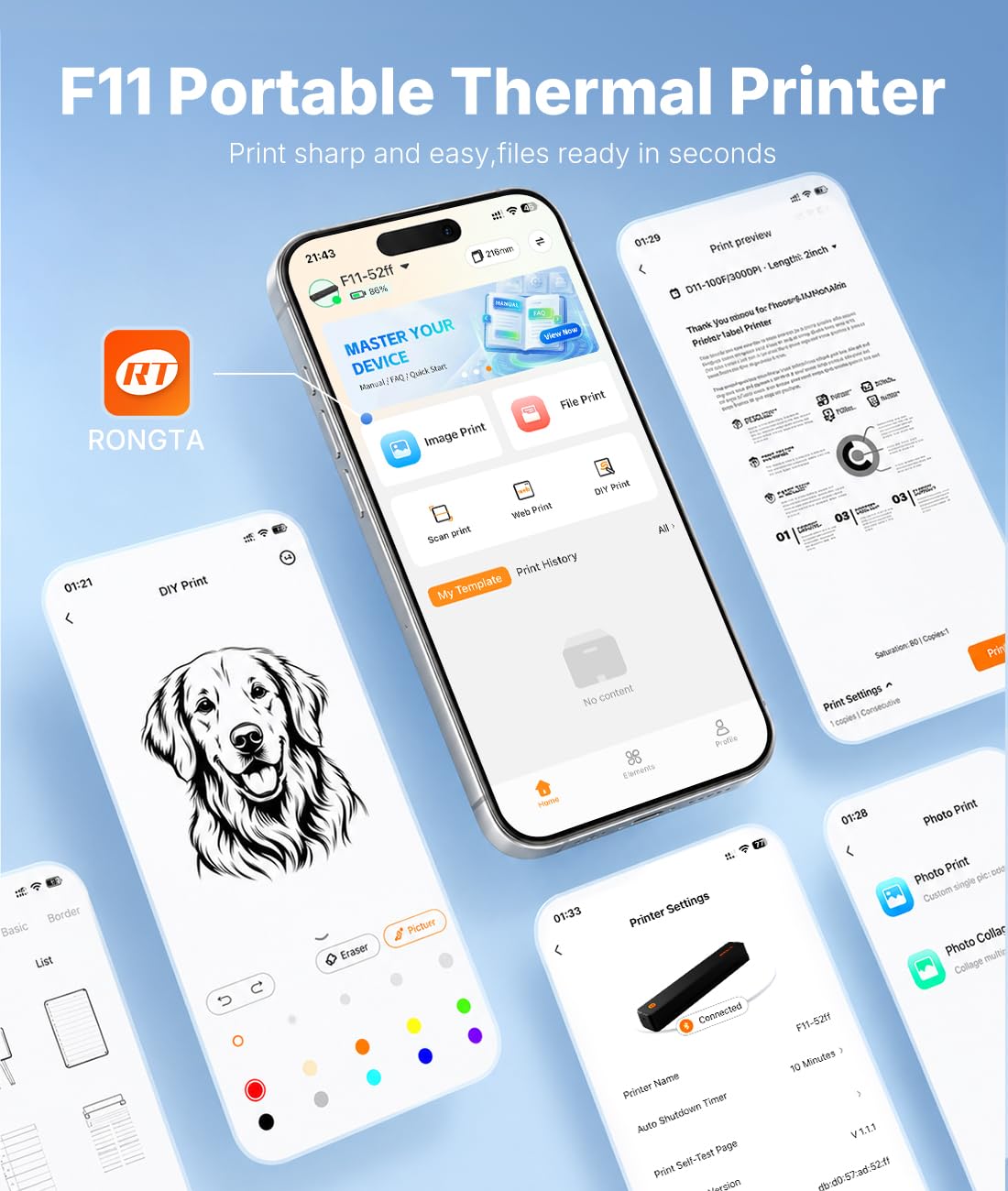 Rongta Thermal Portable Printers Wireless for Travel, Bluetooth Mobile Printer, Inkless Printer for School/Office/Home Use, Compatible