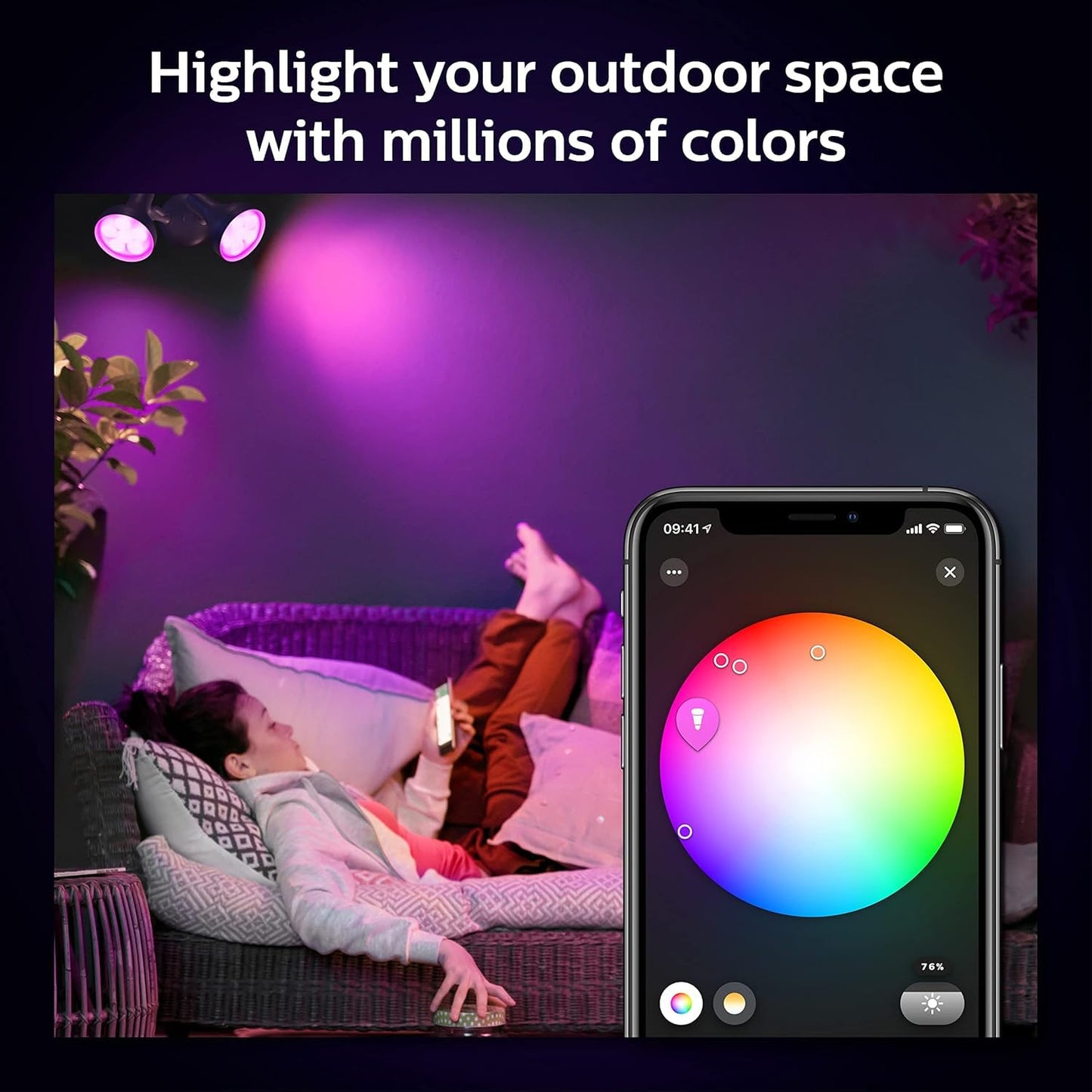 Philips Hue Smart 100W PAR38 LED Bulb - White and Color Ambiance Color-Changing Light - 1 Pack - 1300LM - E26 - Outdoor - Control with Hue App - Works