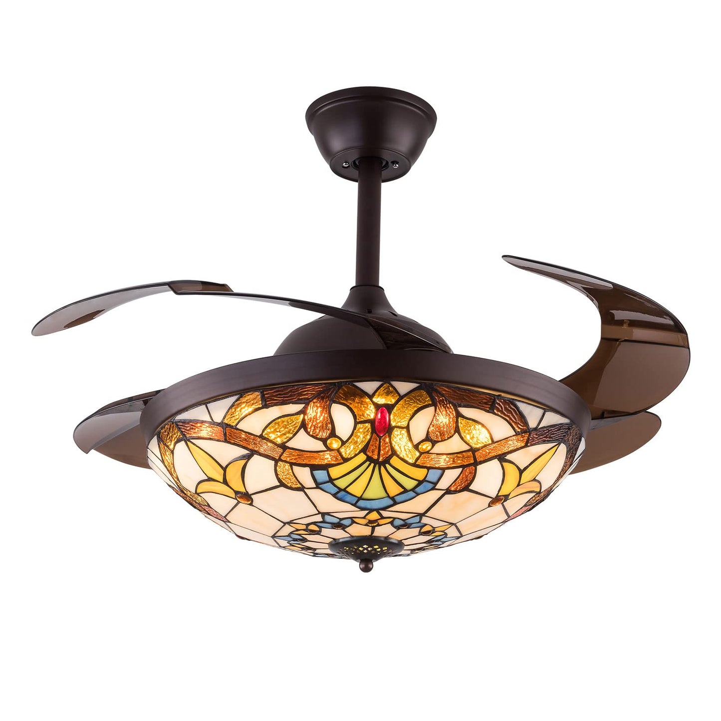 TFCFL 42" Ceiling Fan with Lights, Tiffany Style Dimmable Invisible Fan Chandelier Fandelier 3 Speeds 3 Light Changes with Retractable Blades