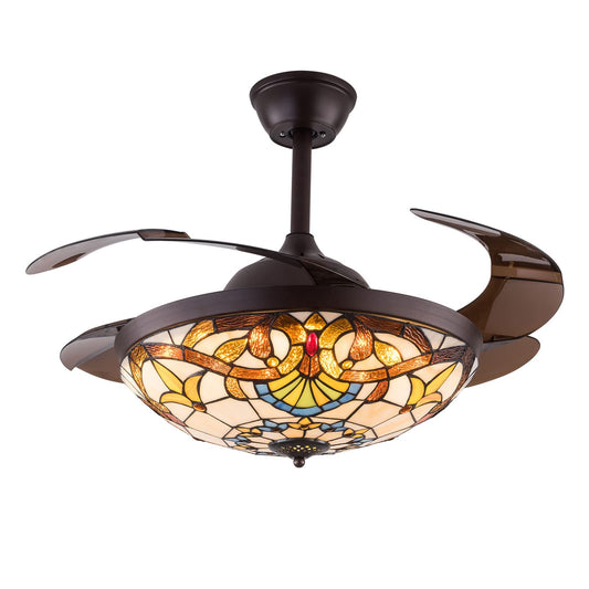 TFCFL 42" Ceiling Fan with Lights, Tiffany Style Dimmable Invisible Fan Chandelier Fandelier 3 Speeds 3 Light Changes with Retractable Blades