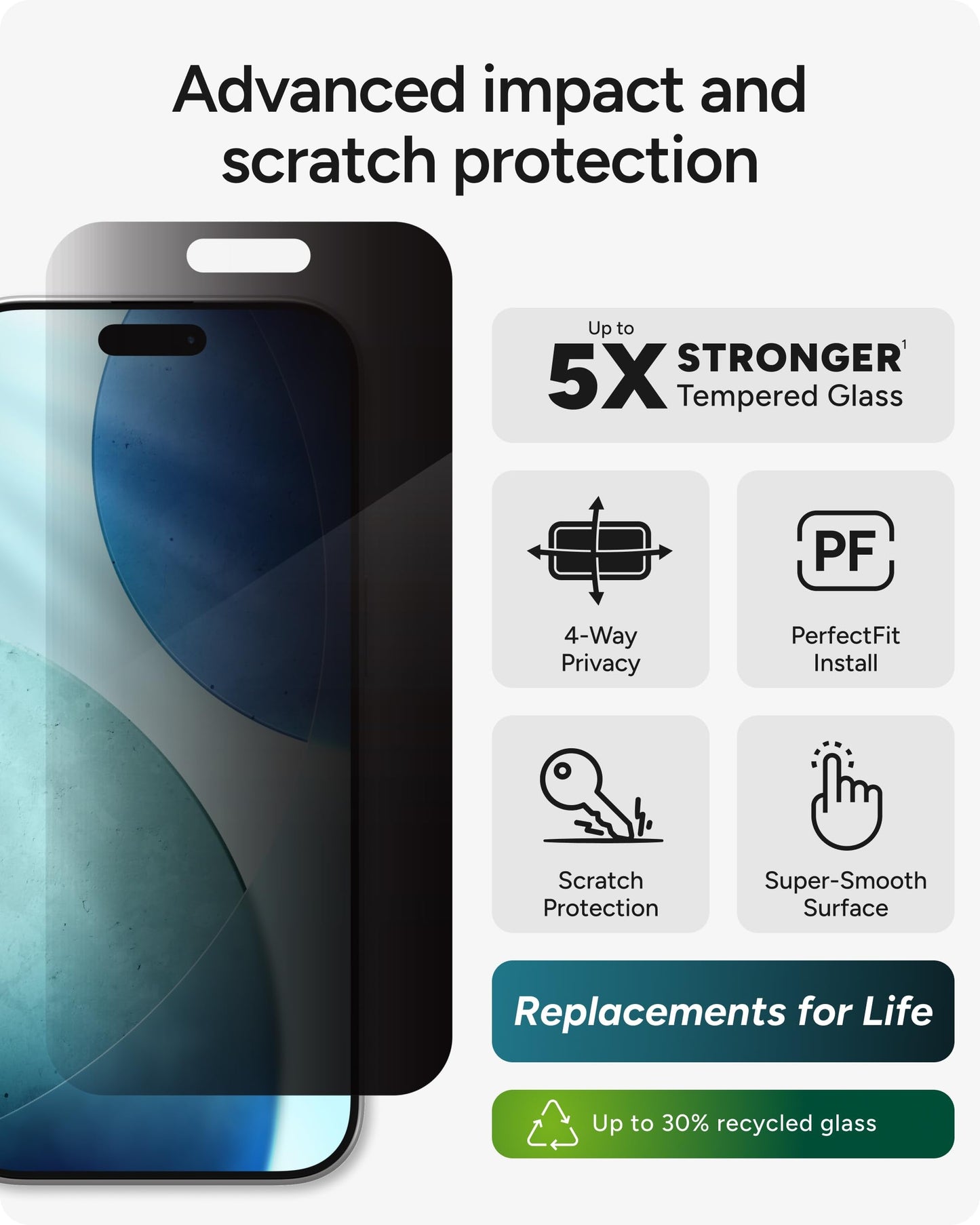 ZAGG Privacy XTR Screen Protector for iPhone 17-4-Way Privacy Full-Screen Filter, 5X Stronger, Fingerprint-Resistant Tempered Glass, Smooth Feel, Easy