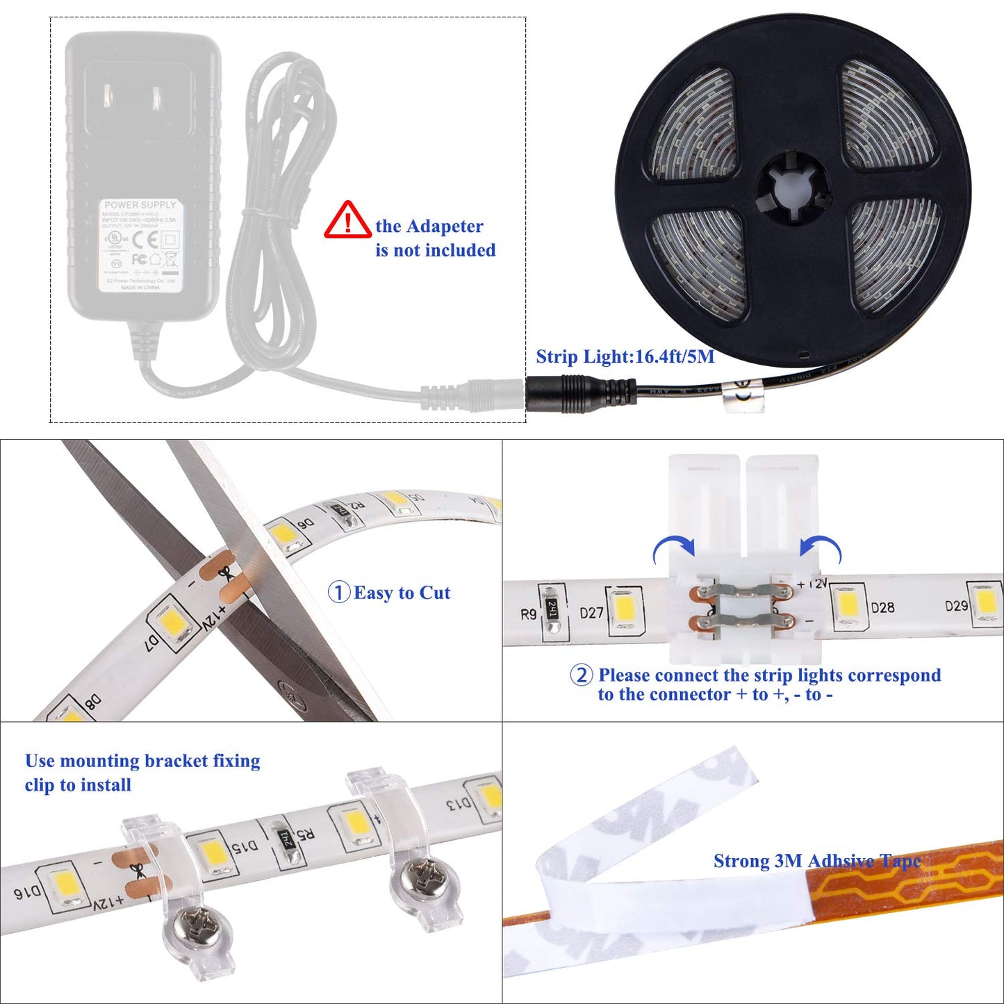JUNWEN 16.4ft White Led Strip Lights, 12V Waterproof Led Strip Lights Flexible Light Strip Indoor for Bedroom, Kitchen, Bathroom(Not Included Power)