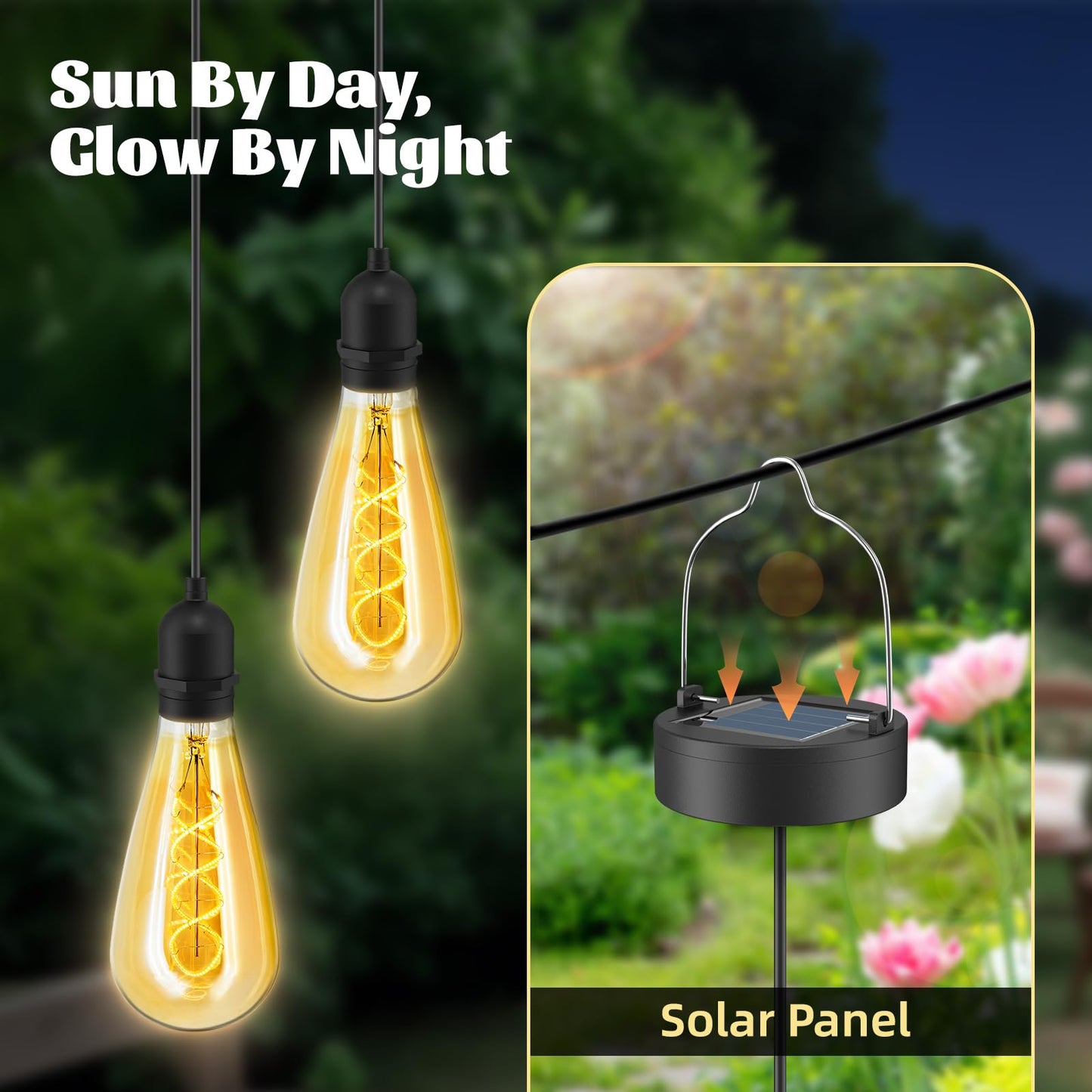 Solar-Powered Edison Hanging Lanterns - Vintage Amber Glass, IP65 Waterproof, Warm White 8-12H Outdoor Lighting for Patio & Garden