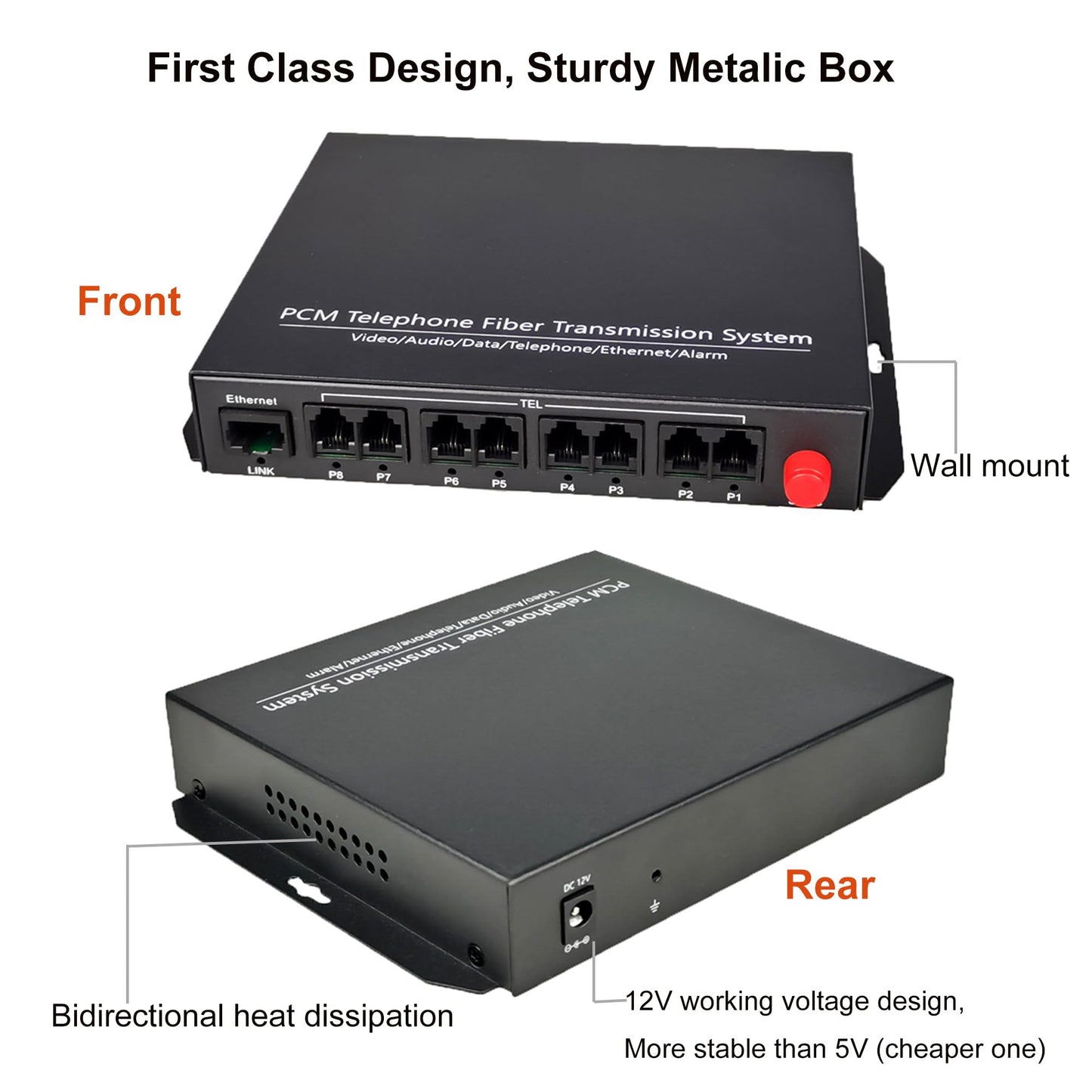 Hebbeko 8 Channels POTS Telephones and 10/100Mbps Ethernet Over Fiber Optic Media Converter Extender FC-FC Singlemode up 20Km Support Called id Ring