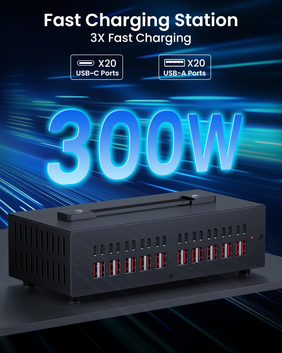 300W USB~c Charging Station, 40 Port (20 USB A & 20 USB~C Port) USB Charger Block, Fast Charging Station for Multiple Devices, Desktop Charger