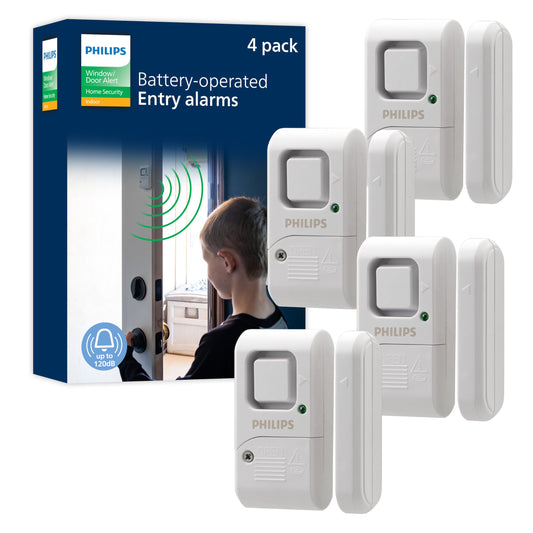 Philips Personal Security Window and Door Alarm, 4 Pack, DIY Protection, Burglar Alert, Wireless, Chime/Alarm, Easy Installation, Ideal for Home