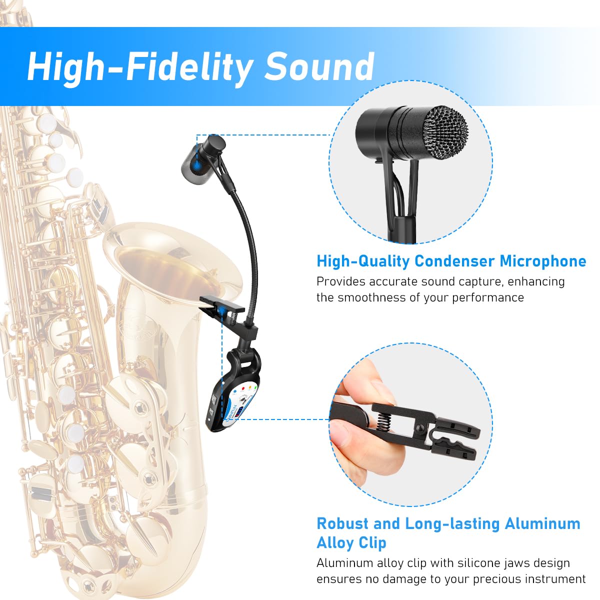 KIMAFUN 2.4G Wireless Saxophone Microphone, Clip-on Instrument Microphone, 100ft Range, Plug and Play, Wireless Transmitter & Receiver for Saxophone