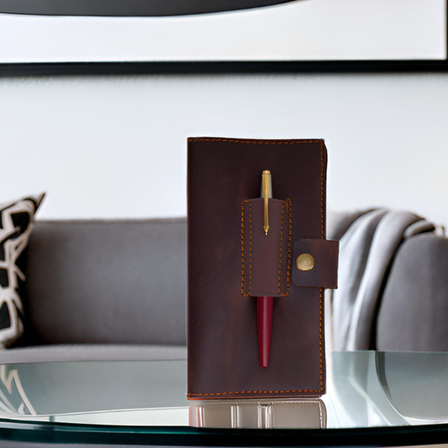 CestAntiQ Distressed Leather Checkbook Cover with Pen Holder - Handmade Executive Checkbook Wallet for Men, Women, Slim and Stylish Organizer (Brown)