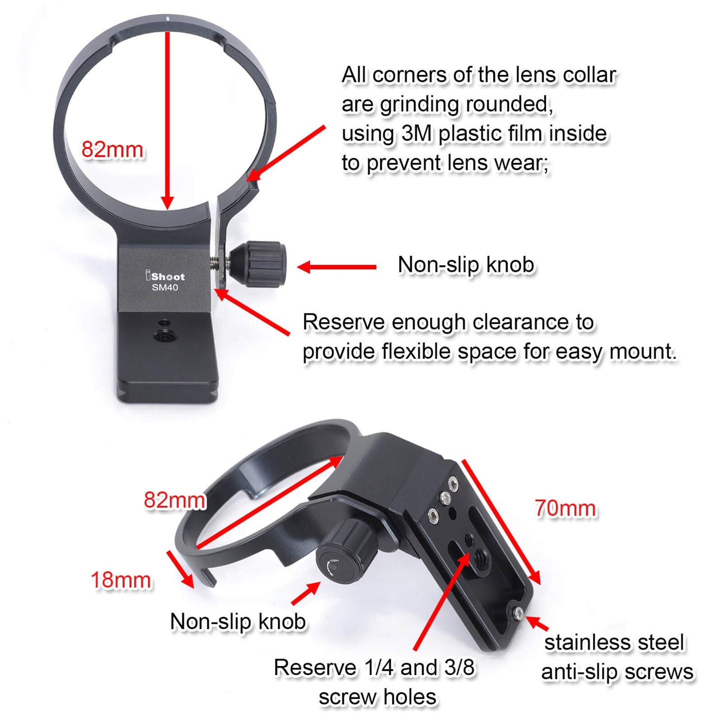 iShoot CNC Machined 82mm Tripod Mount Ring Lens Collar for Sigma 40mm f/1.4 DG HSM Art Lens, Built-in ARCA Type Quick Release Plate Compatible