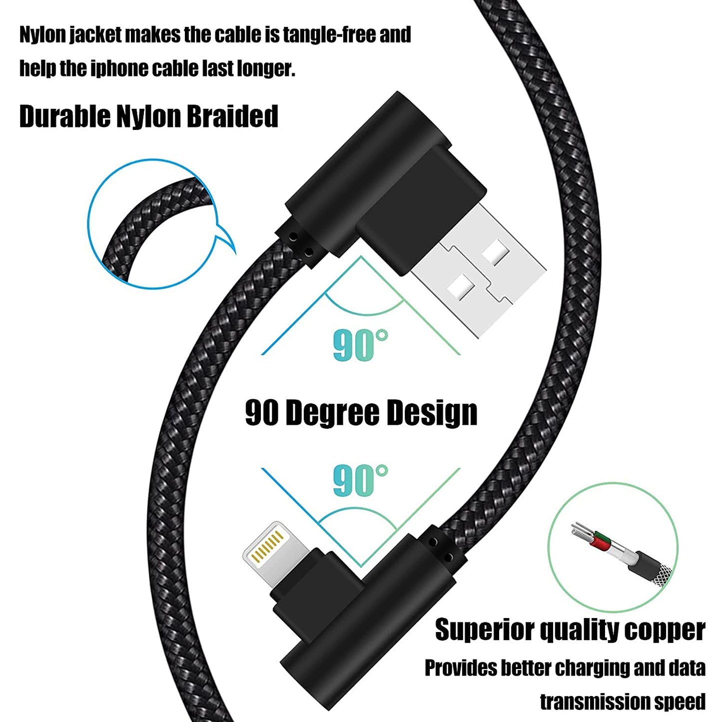 Osecet iPhone Charger 3 feet MFi Certified 3 Pack 90 Degree Nylon Braided Lightning Cable Right Angle Charging Cord for iPhone14 13 12 11 Pro X XS XR…