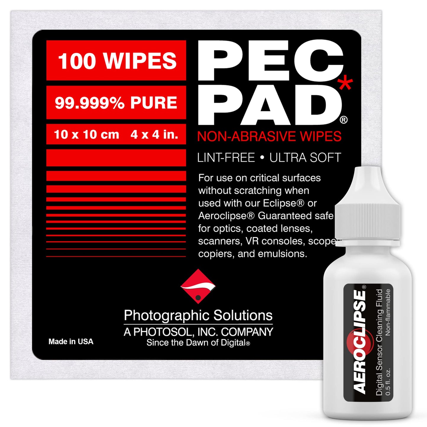 Aeroclipse Optic Cleaning Fluid and PEC-PAD Lint Free Wipes - Critical Optic Non-Flammable Cleaning Solution - Non-Abrisive Cleaning Wipes