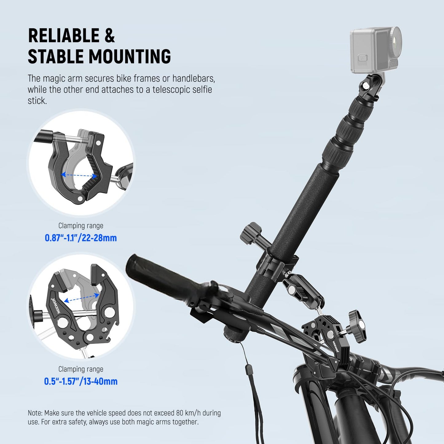 NEEWER Motorcycle Camera Mount Kit, Bicycle Handlebar Invisible Selfie Stick with Dual Ball Heads, Super Clamps, Action Camera Adapter Compatible