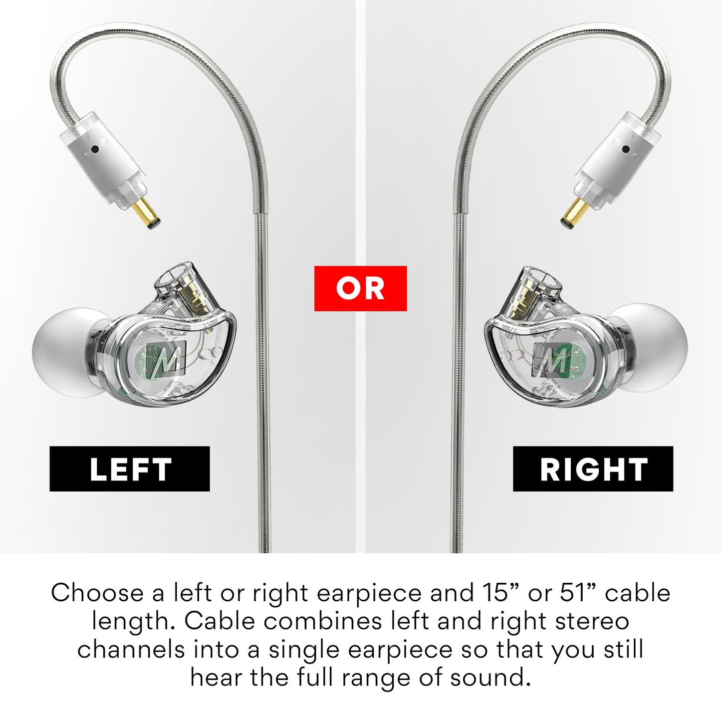 MEE audio M6 Single Side in Ear Earbud, Left Side, One Wired Earphone with 51" Cable, Secure Fit Moldable Earhook, & 3.5 mm Plug, Stereo-to-Mono